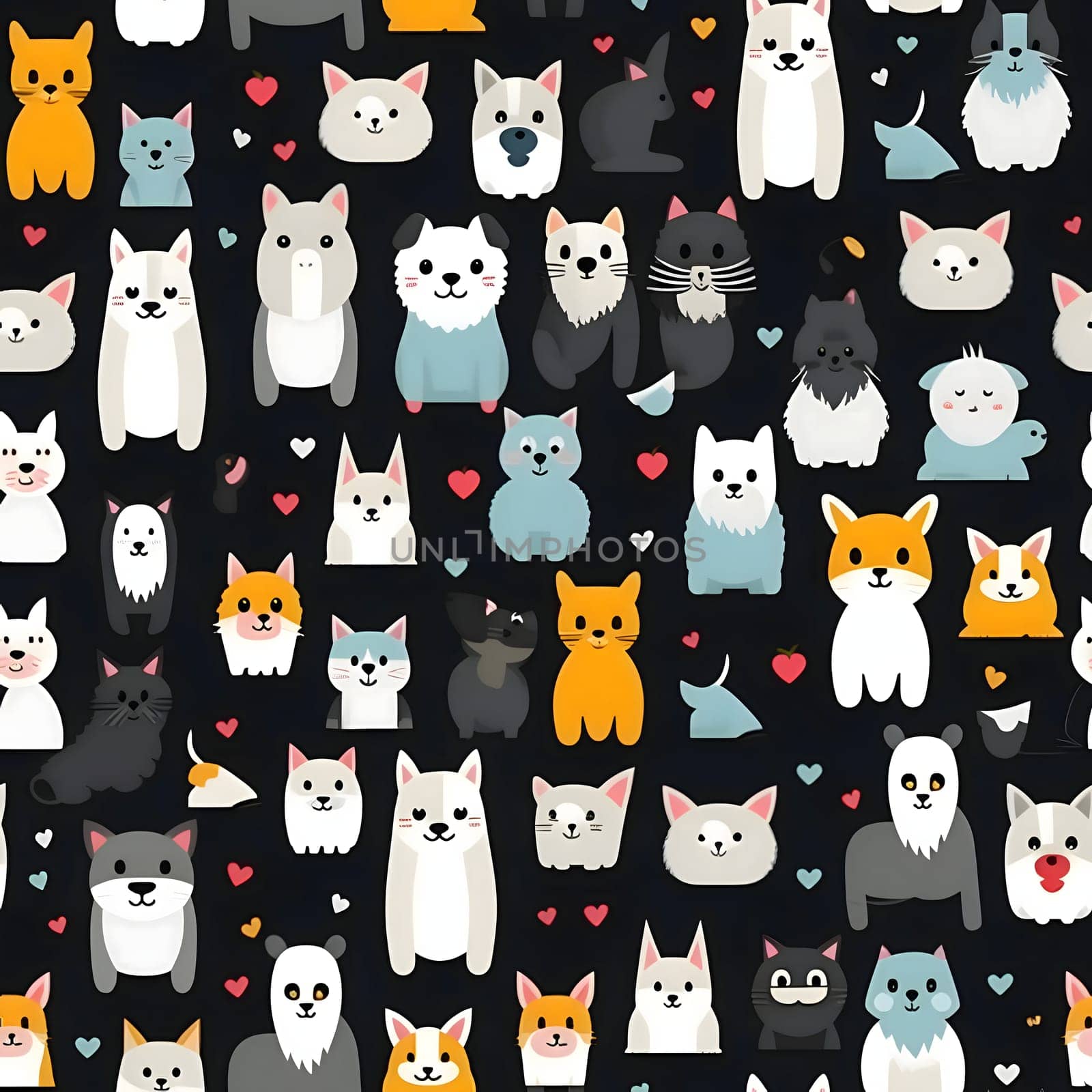 Seamless pattern with cute cartoon cats on dark background. Vector illustration. by ThemesS