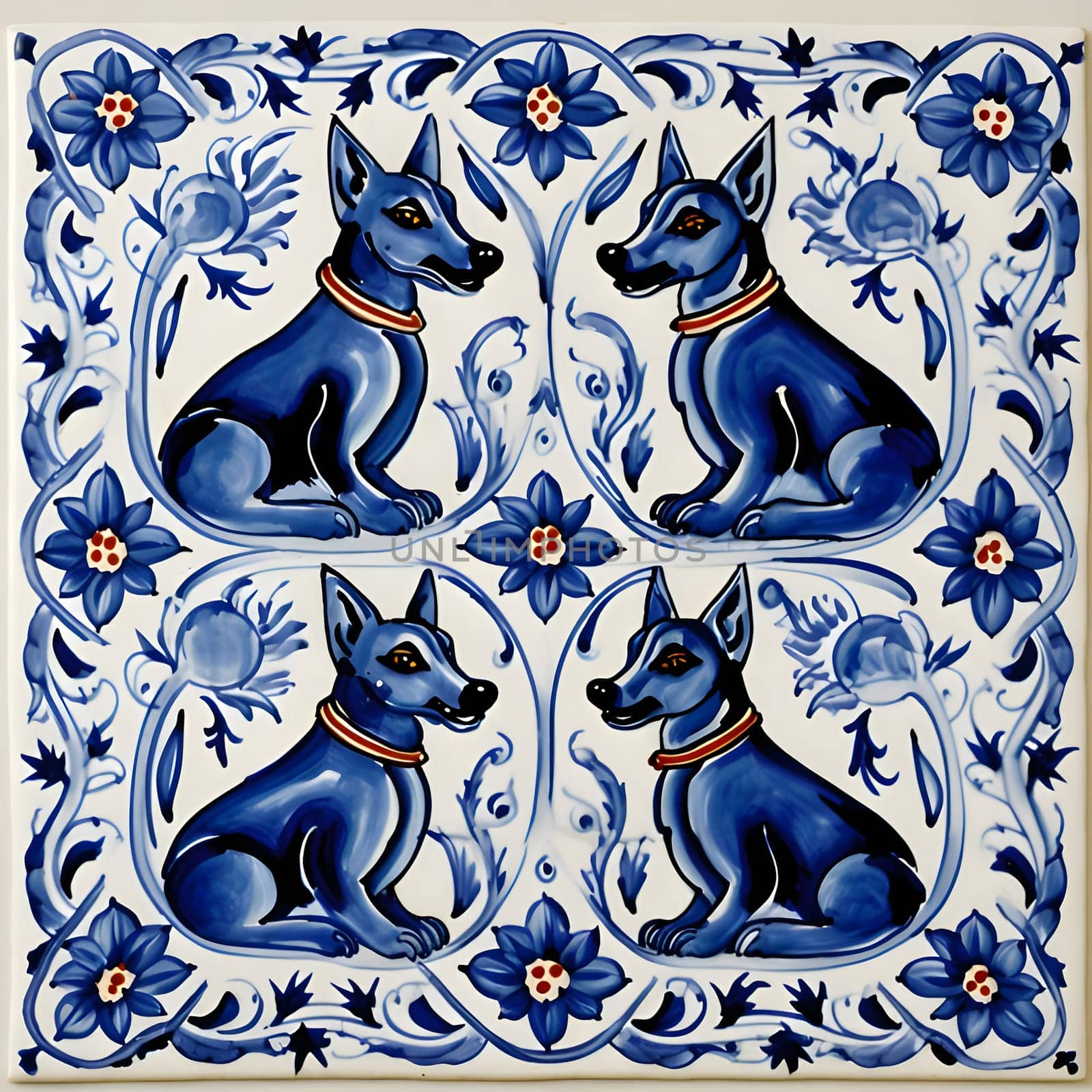 Old portuguese azulejo tiles depicting dogs and flowers. by ThemesS