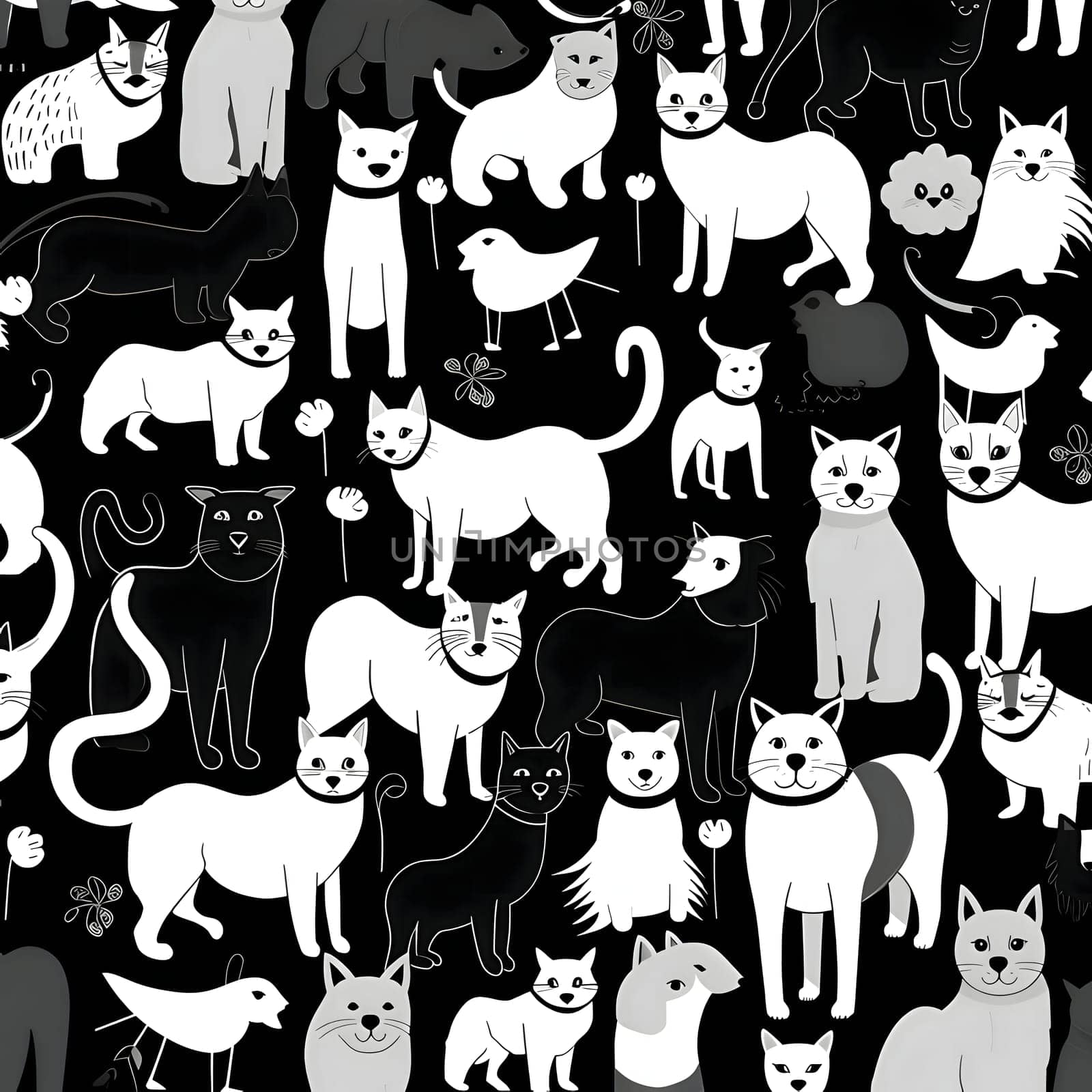 Seamless pattern with cats and dogs on a black background. by ThemesS