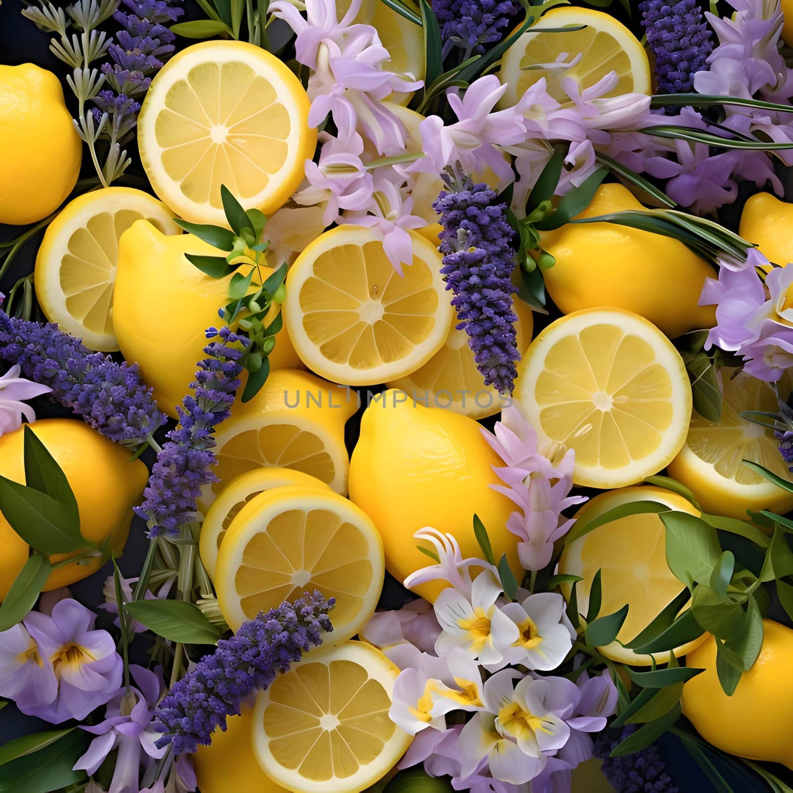 Lemons, hyacinths and lavender flowers as a background by ThemesS