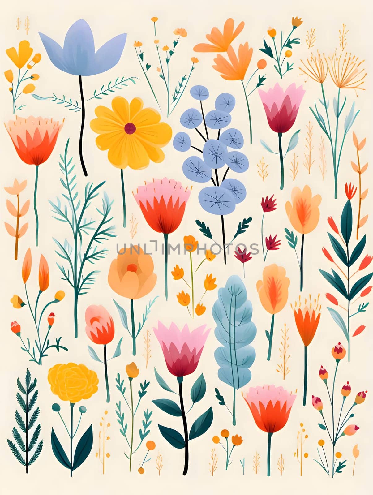 Floral vector background with hand drawn flowers and plants. Vector illustration. by ThemesS