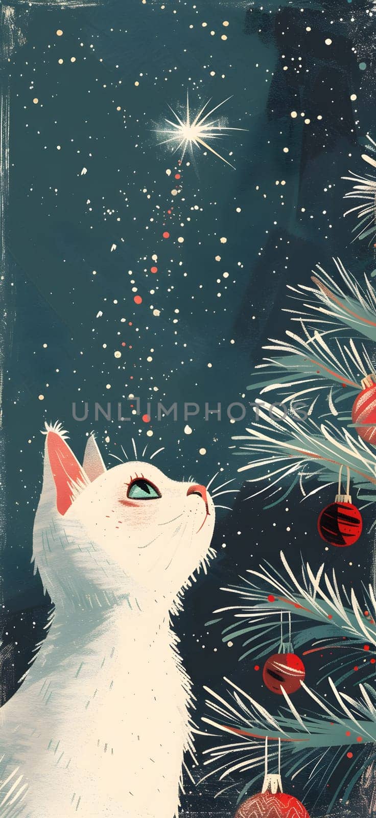 A Felidae organism, the white cat, with whiskers, is admiring a star atop an evergreen tree a small to mediumsized plant. The scene resembles a natureinspired art piece