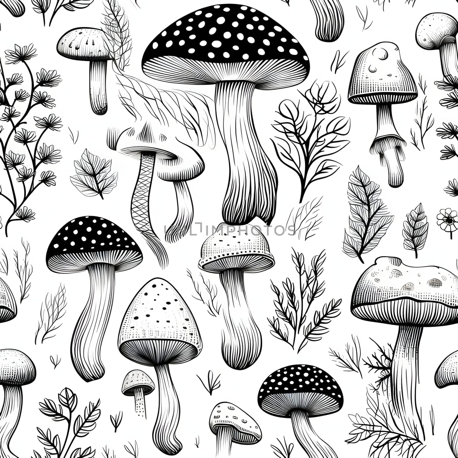 Seamless pattern with mushrooms and plants. Hand drawn vector illustration. by ThemesS