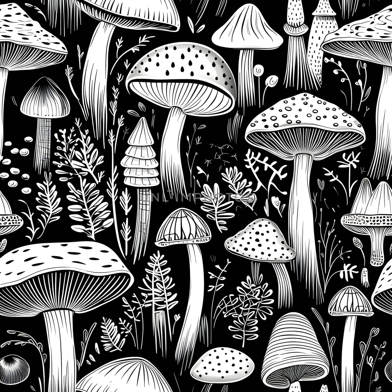 Seamless pattern with mushrooms. Black and white background. Vector illustration. by ThemesS