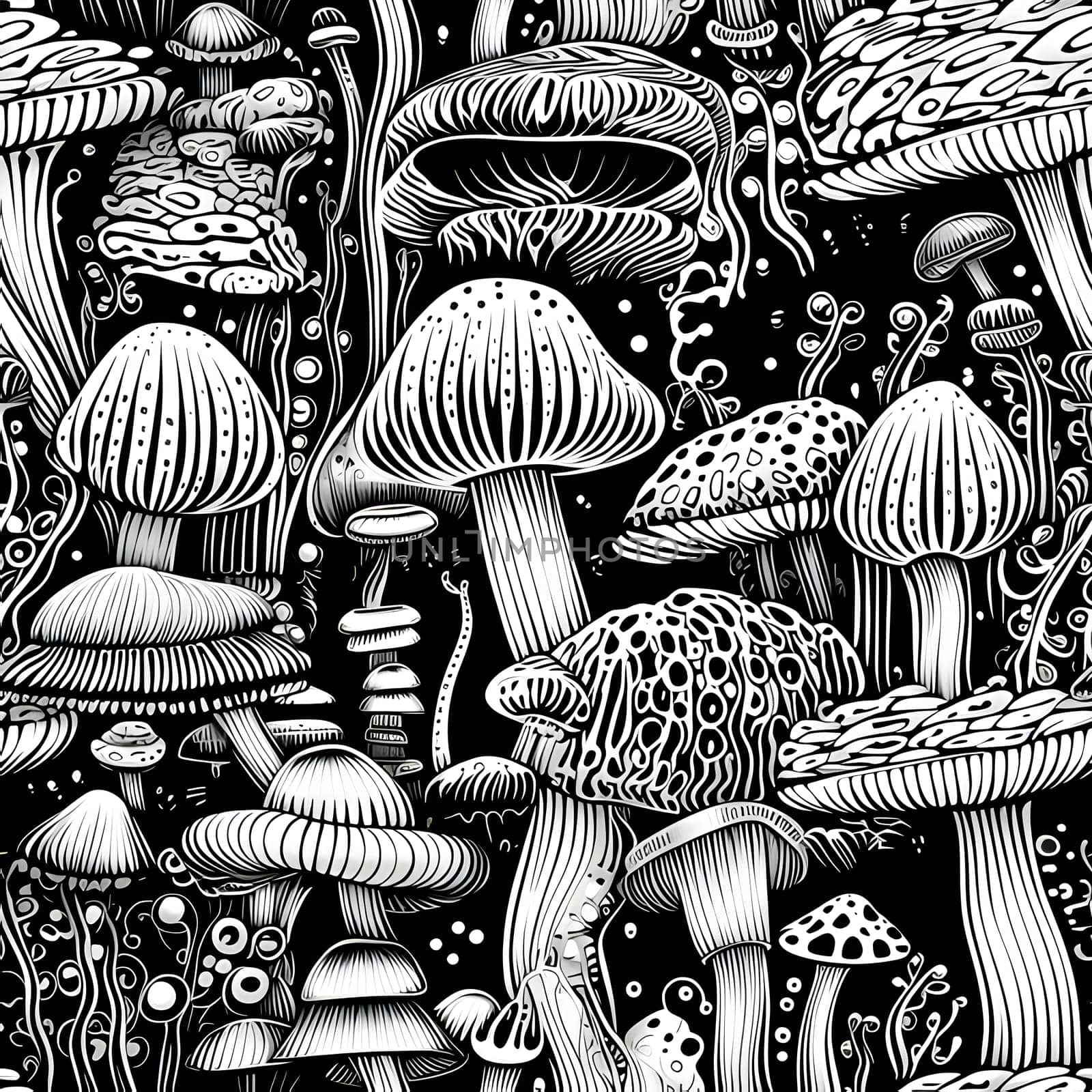 Seamless pattern with mushrooms. Black and white vector illustration. by ThemesS