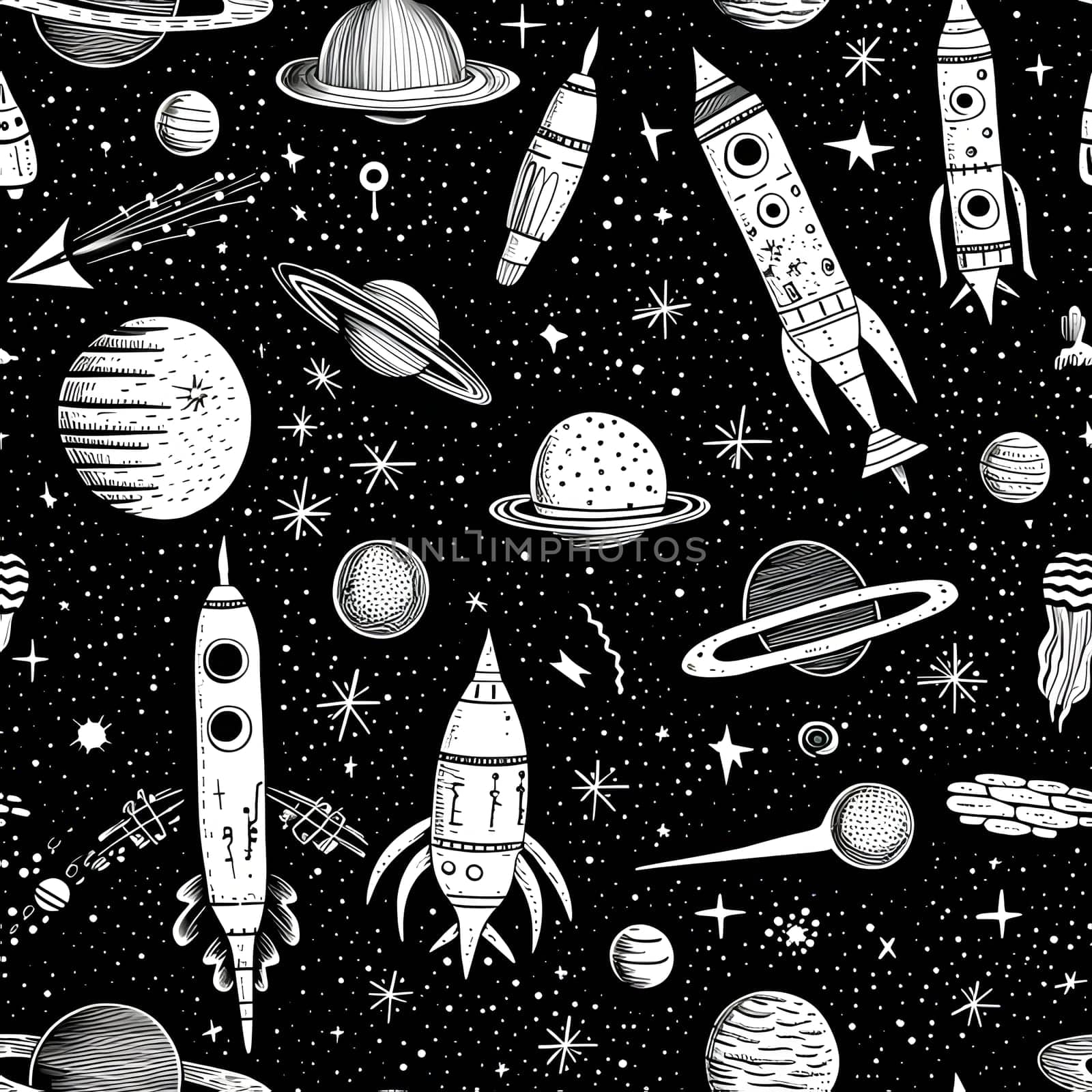 Seamless pattern with planets, stars and rockets. Vector illustration by ThemesS