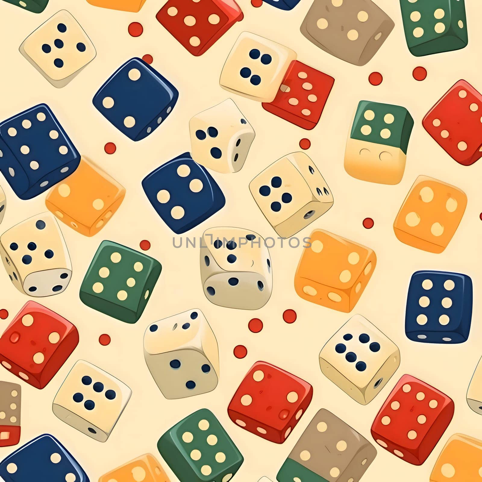 Seamless pattern with colorful dice on a yellow background. Vector illustration. by ThemesS