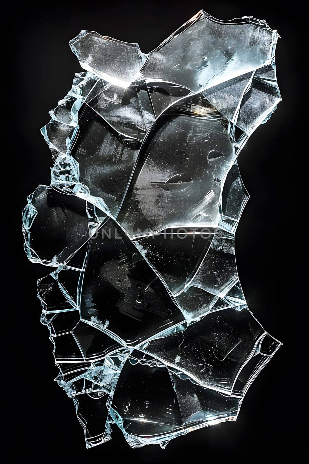 A fragment of shattered glass lies on a dark surface. The broken piece creates a unique pattern against the black backdrop, resembling a medical imaging of a head, jaw, or neck