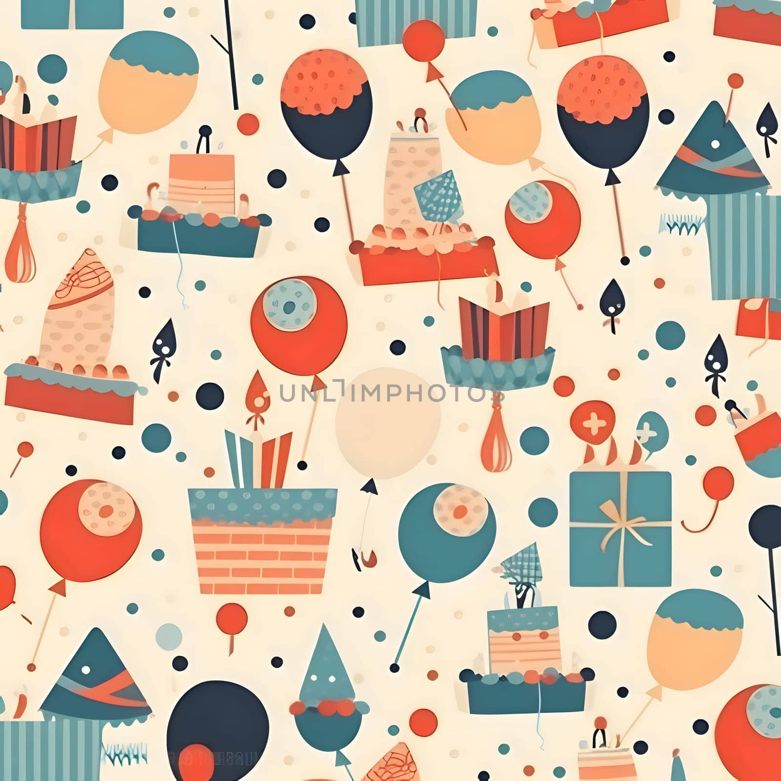 Seamless birthday pattern with balloons, gift boxes and cakes. Vector illustration. by ThemesS
