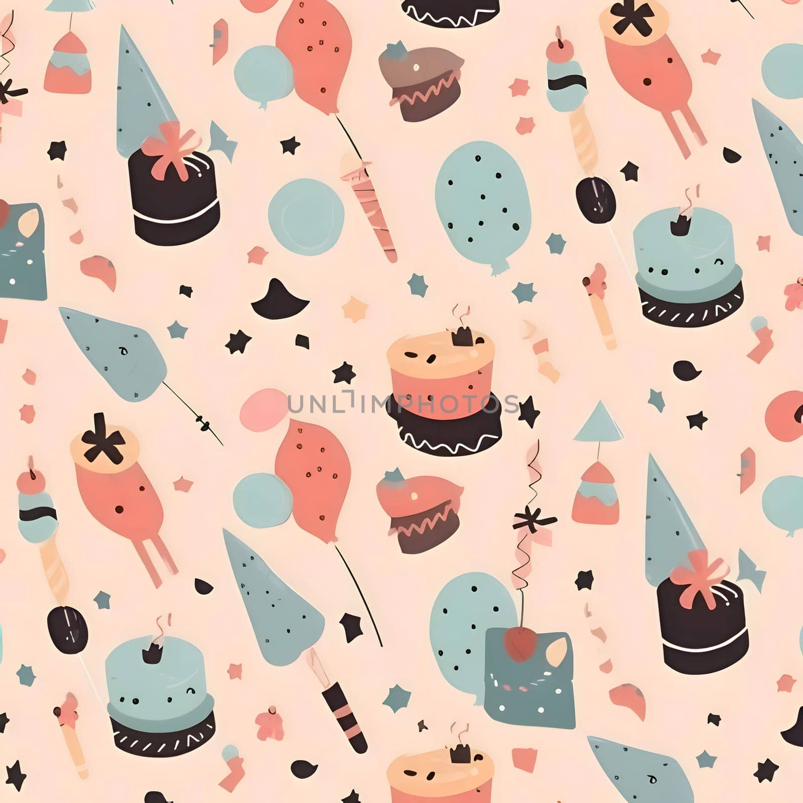 Seamless pattern with birthday cake, candles, confetti. by ThemesS