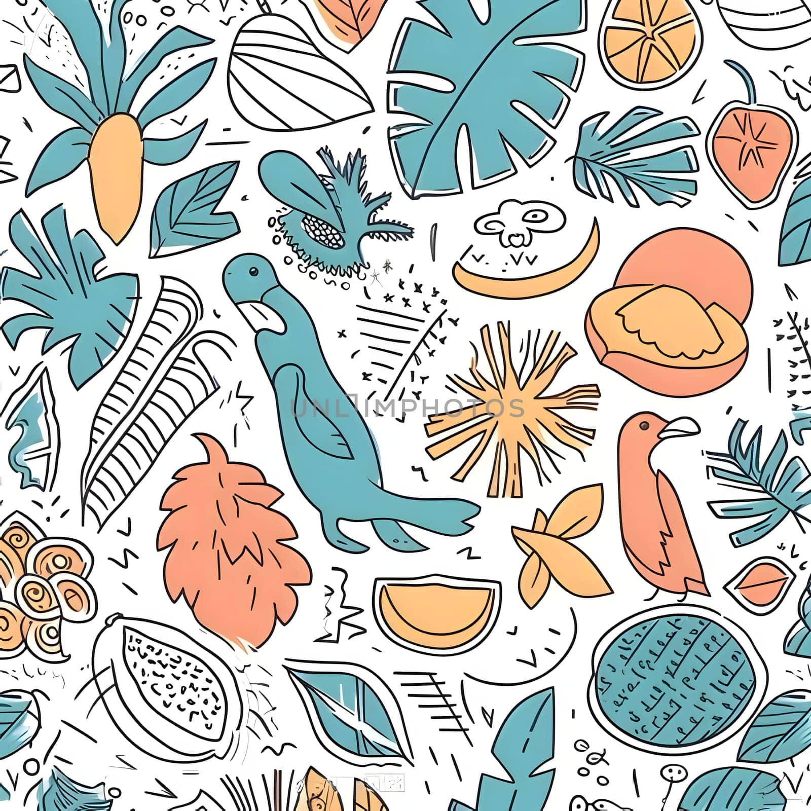 Seamless pattern with hand drawn doodle tropical elements. by ThemesS