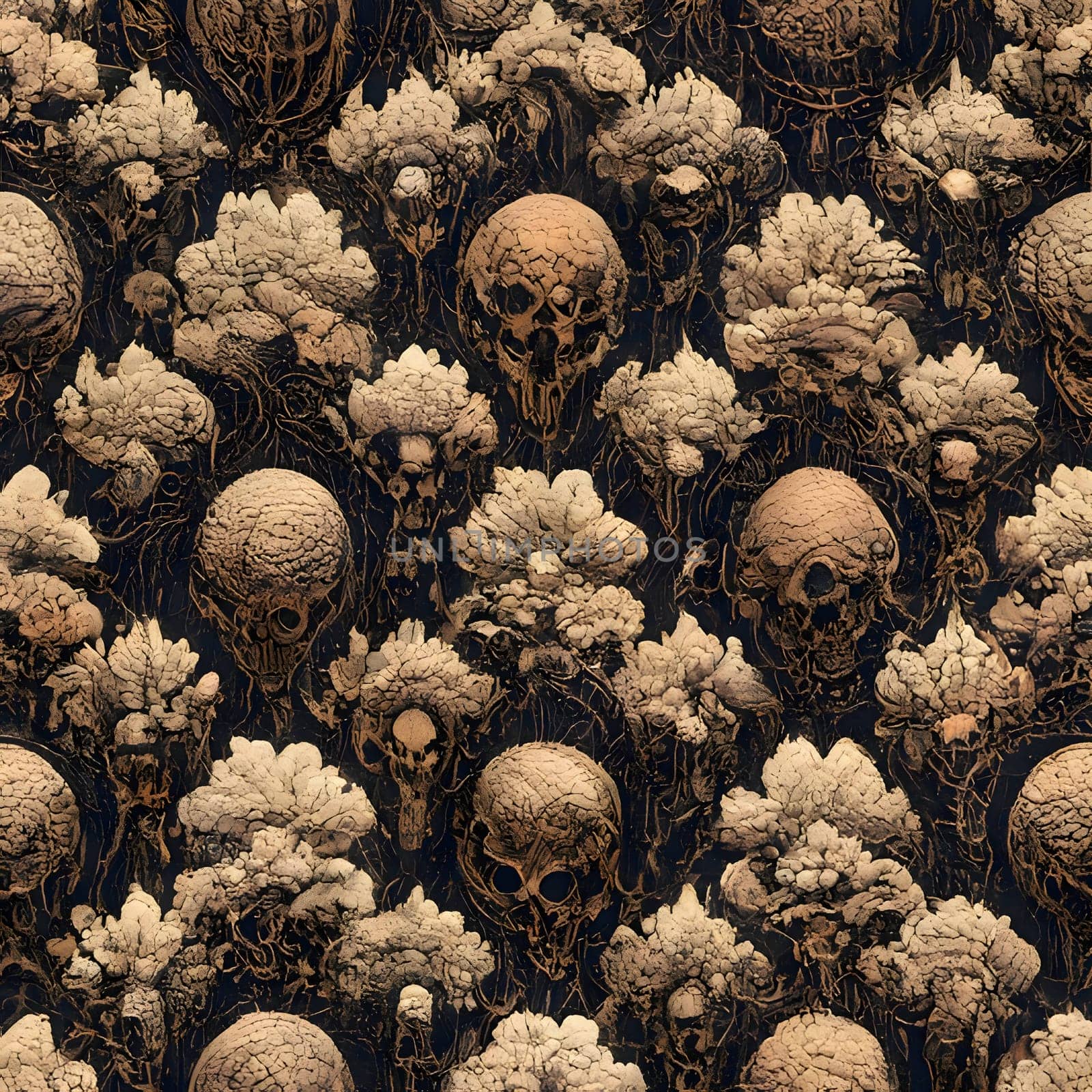 Seamless pattern with skulls and flowers on a dark background. by ThemesS