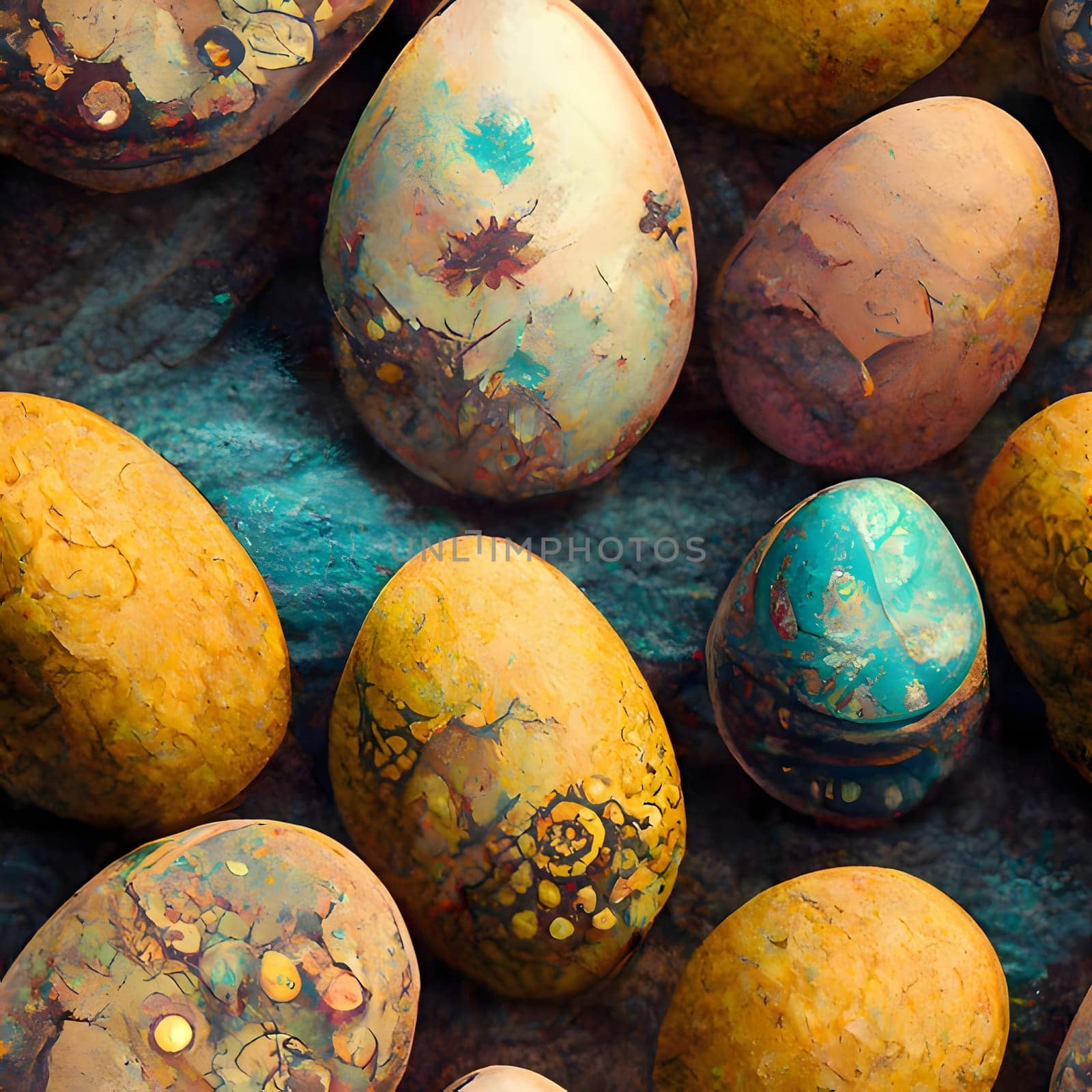 Close up of painted easter eggs on a concrete background. 3d rendering by ThemesS