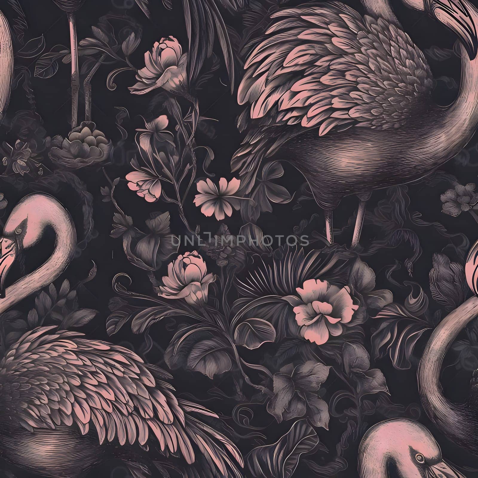 Seamless pattern with flamingo and flowers. Hand-drawn illustration. by ThemesS