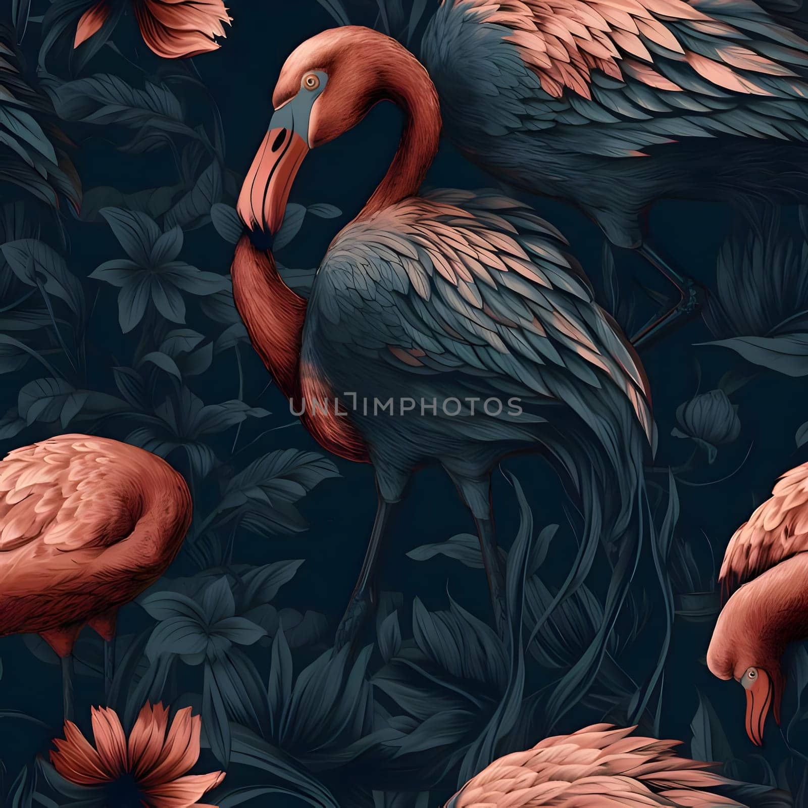 Patterns and banners backgrounds: seamless pattern with flamingos and tropical leaves on a dark background