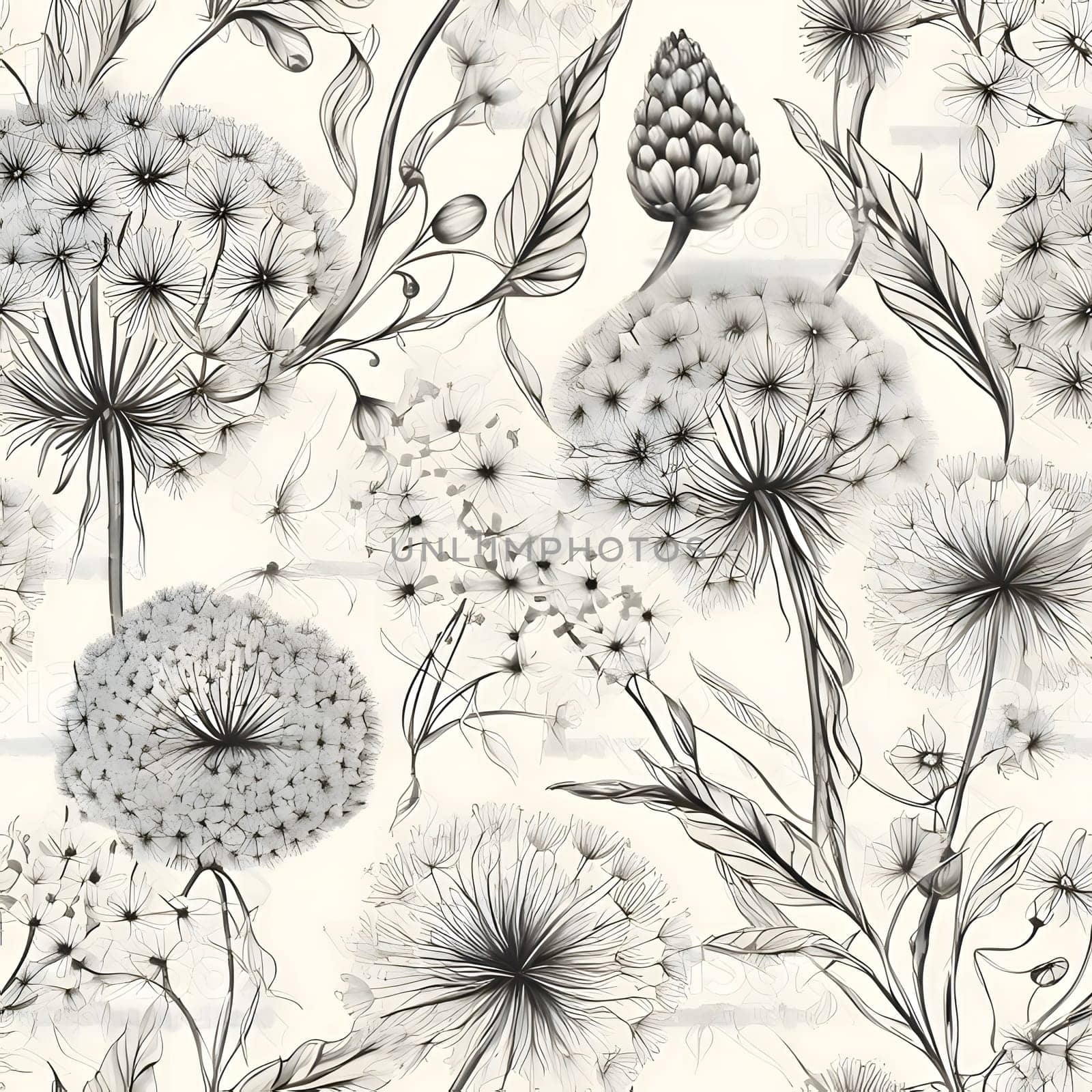 Seamless pattern with dandelions. Hand-drawn illustration. by ThemesS