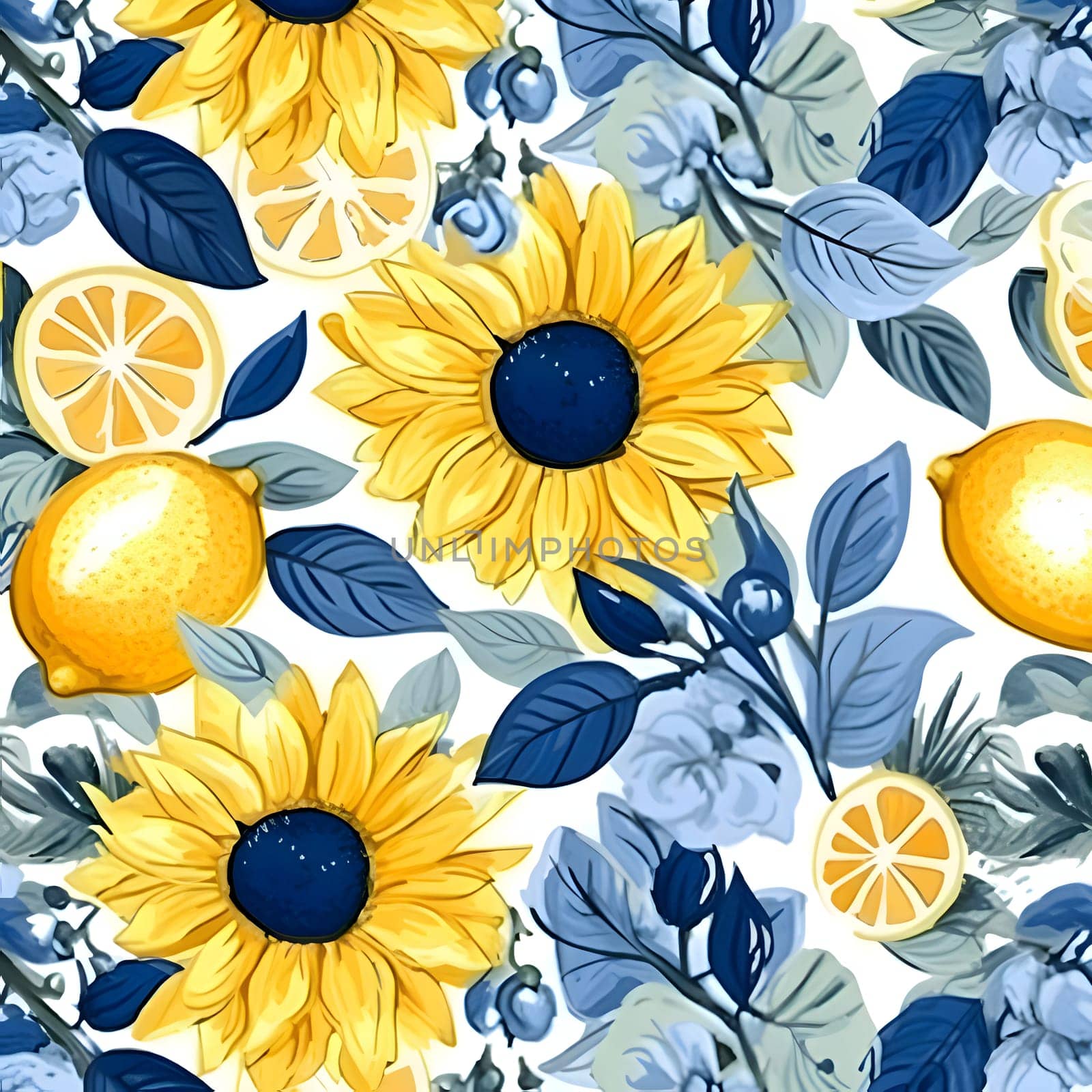 Seamless pattern with sunflowers and lemons. Vector illustration. by ThemesS