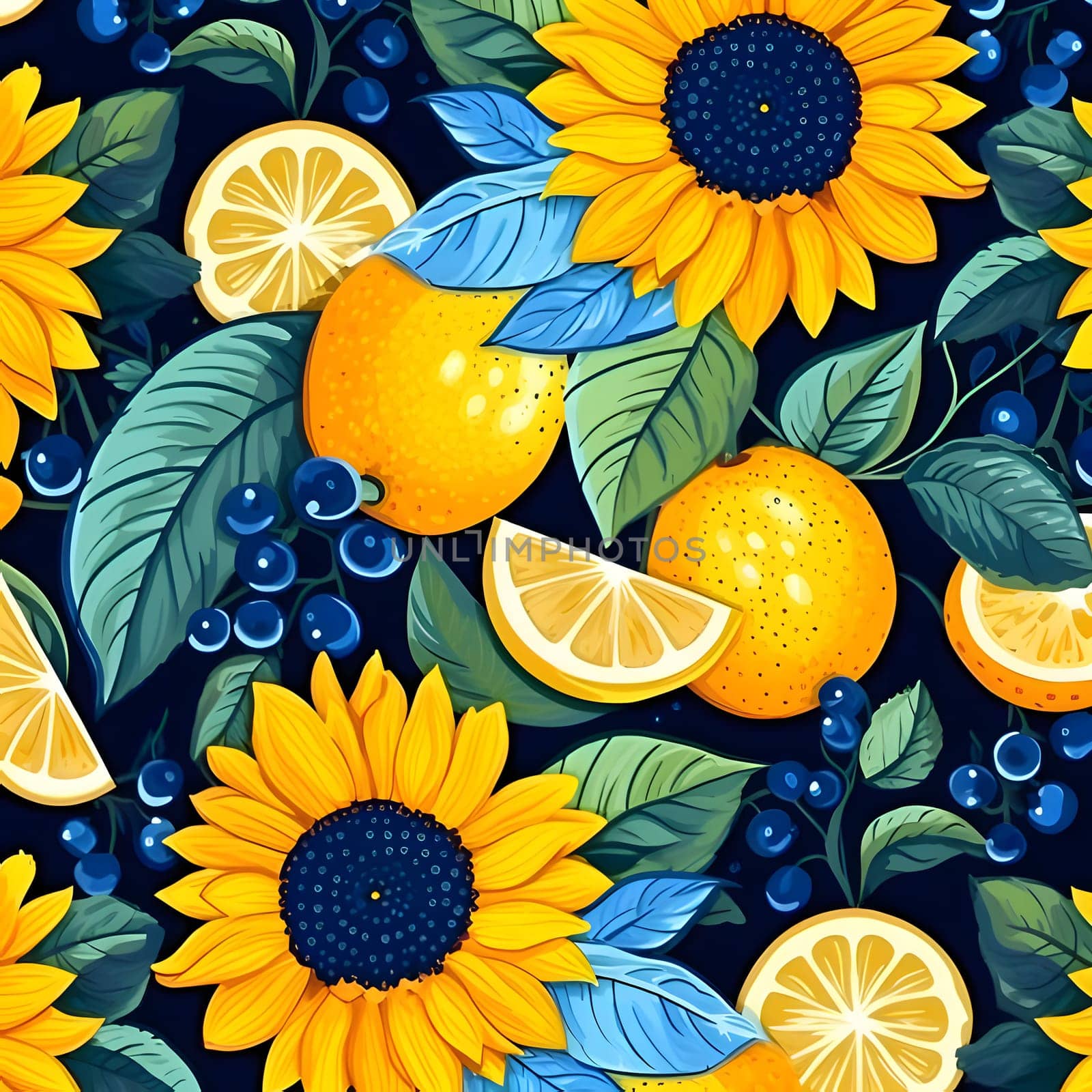 Patterns and banners backgrounds: Seamless pattern with sunflowers, lemons and berries.