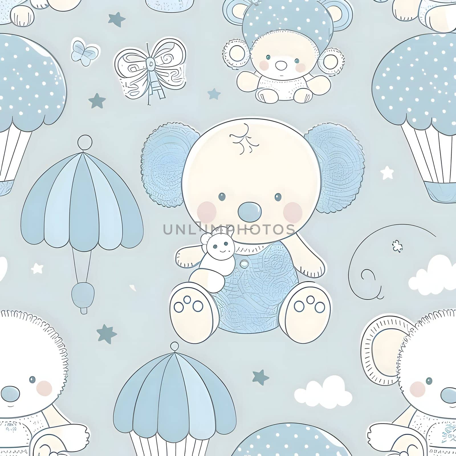 Patterns and banners backgrounds: Seamless pattern with cute baby animals on blue background. Vector illustration.