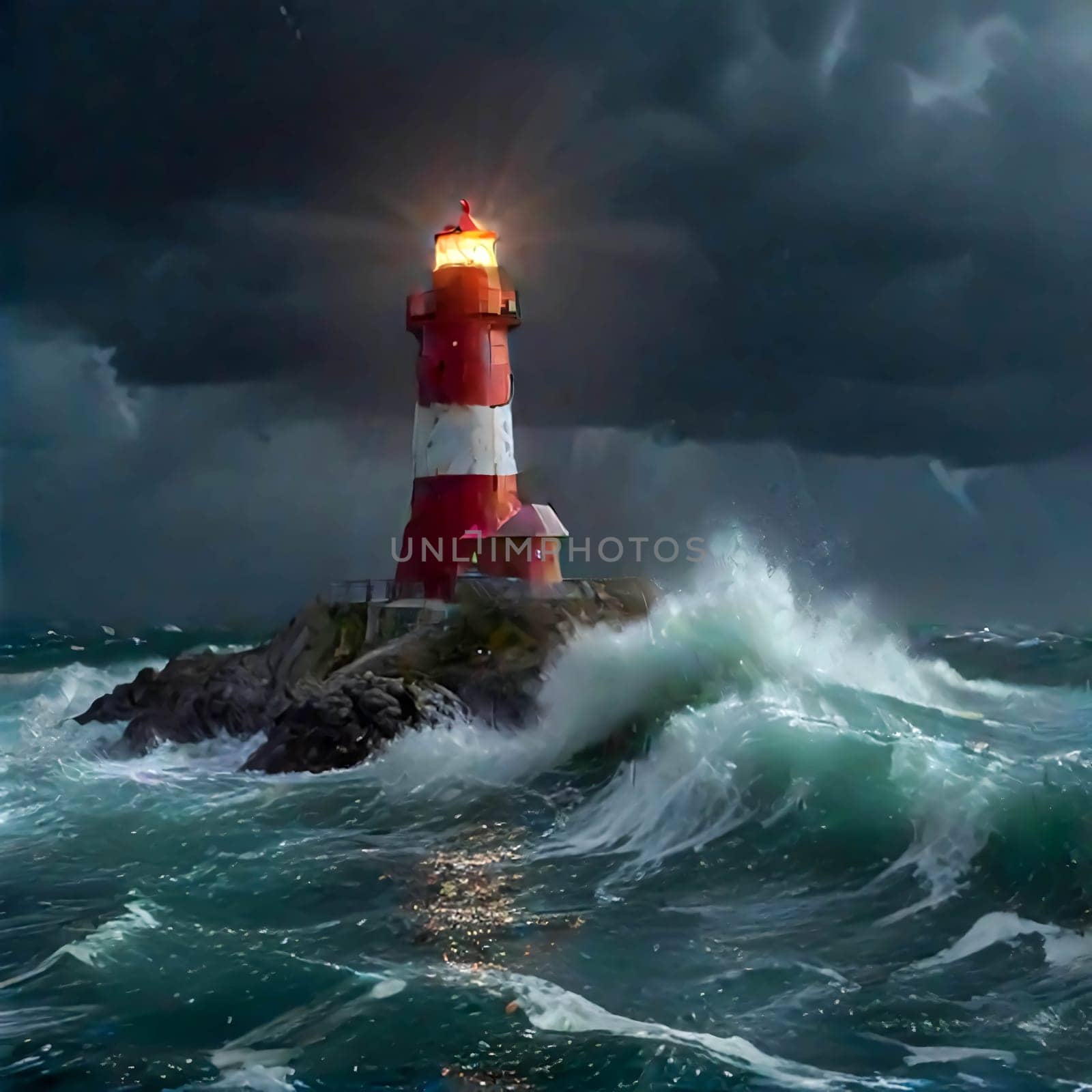 Lighthouse on the rocks by the raging waves. Lighthouse on sea rock. Sea rock lighthouse. Coastal lighthouse landscape by antoksena