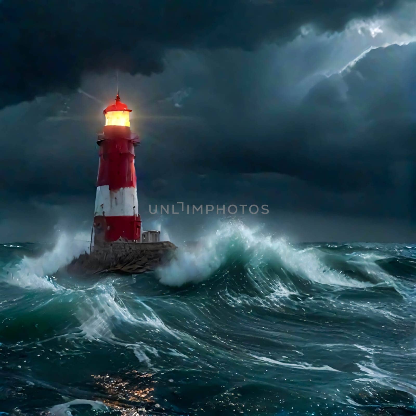 Lighthouse on the rocks by the raging waves. Lighthouse on sea rock. Sea rock lighthouse. Coastal lighthouse landscape for content creation