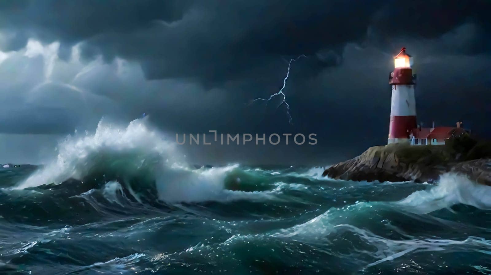 Lighthouse on the rocks by the raging waves. Lighthouse on sea rock. Sea rock lighthouse. Coastal lighthouse landscape for content creation