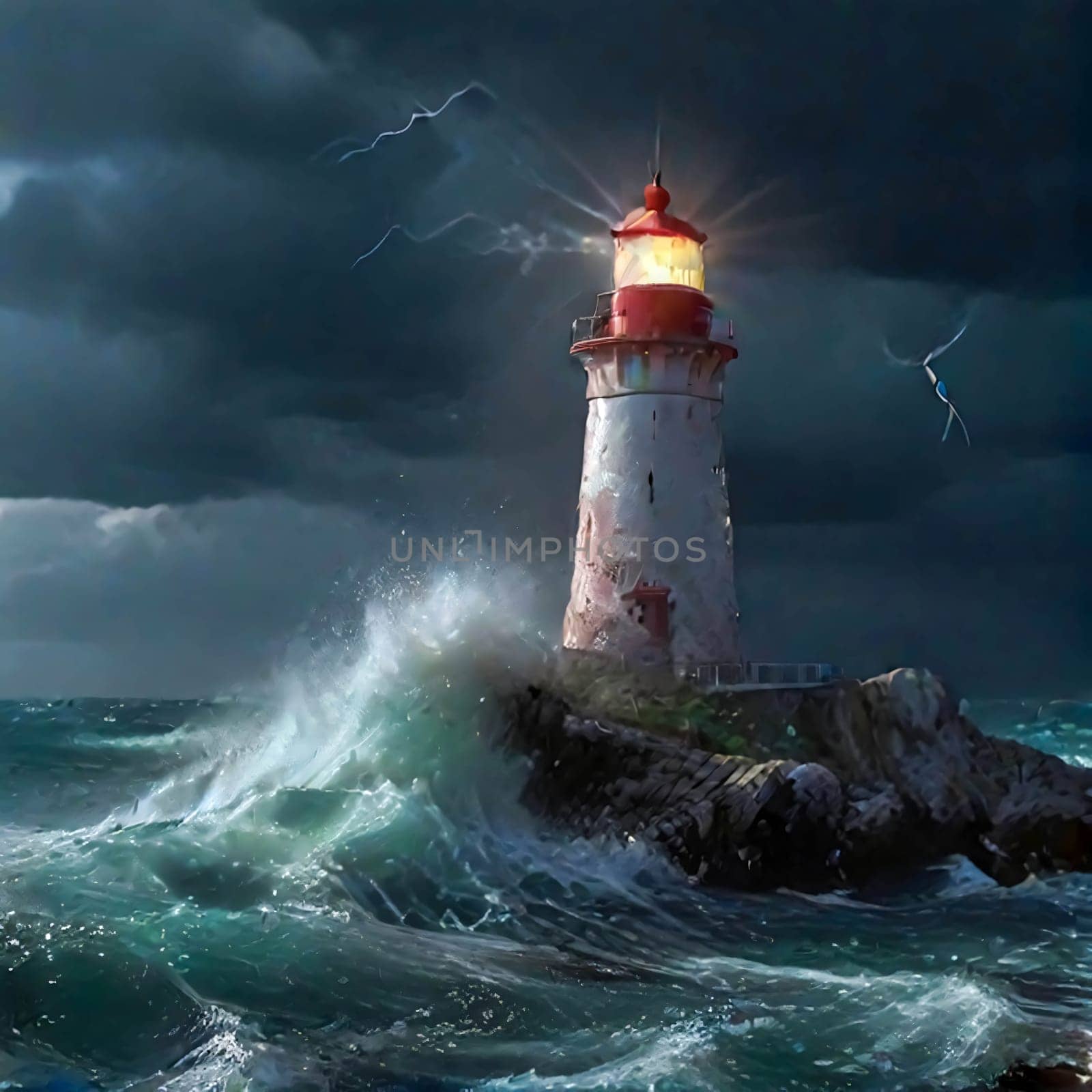 Lighthouse on the rocks by the raging waves. Lighthouse on sea rock. Sea rock lighthouse. Coastal lighthouse landscape for content creation