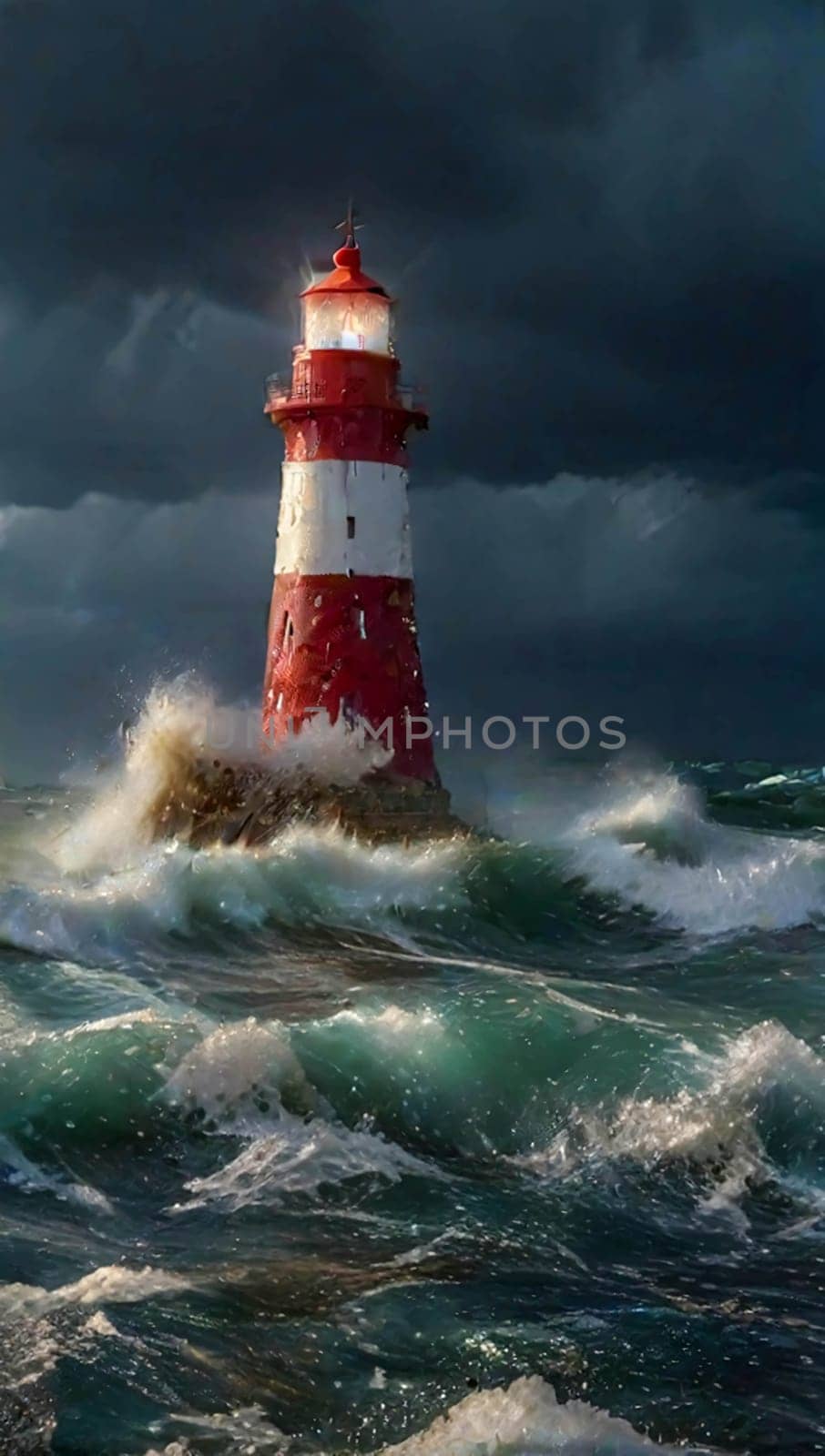 Lighthouse on the rocks by the raging waves. Lighthouse on sea rock. Sea rock lighthouse. Coastal lighthouse landscape by antoksena