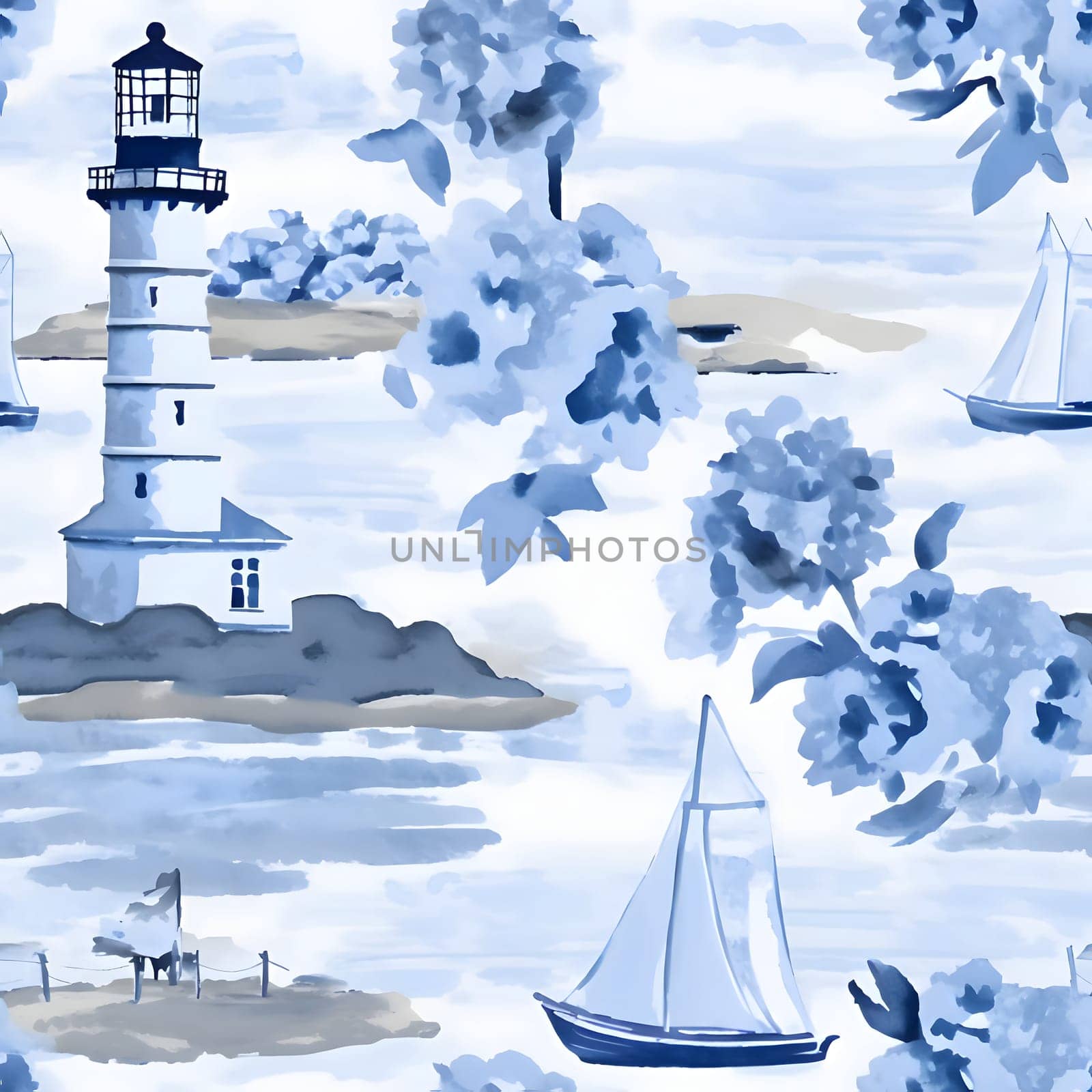 Seamless pattern with lighthouse, sailboat and flowers on watercolor background by ThemesS