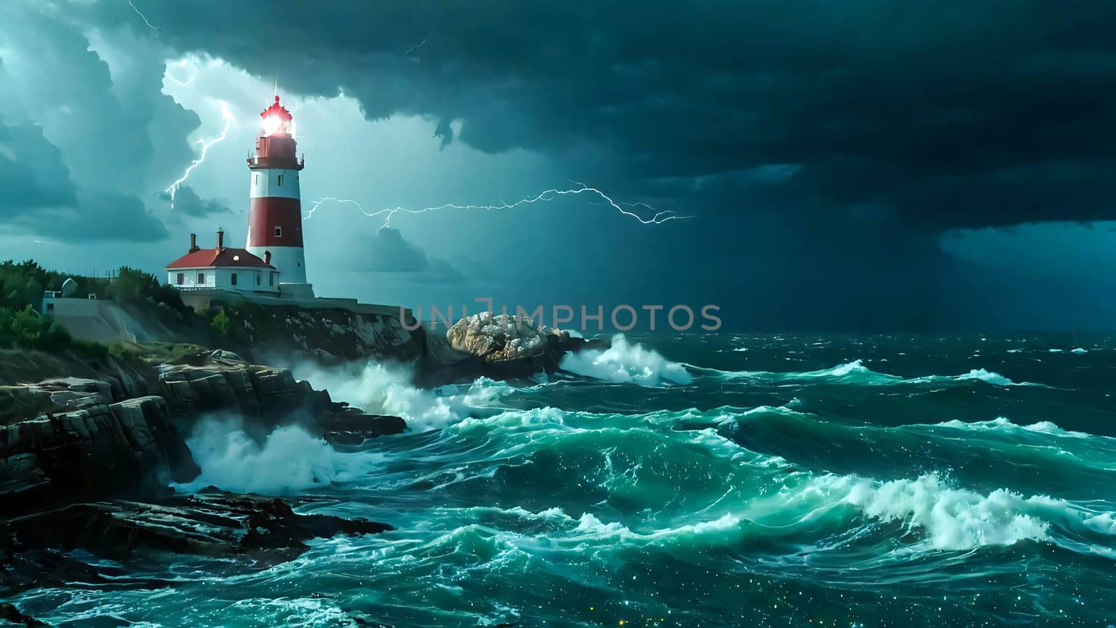Lighthouse on the rocks by the raging waves. Lighthouse on sea rock. Sea rock lighthouse. Coastal lighthouse landscape for content creation