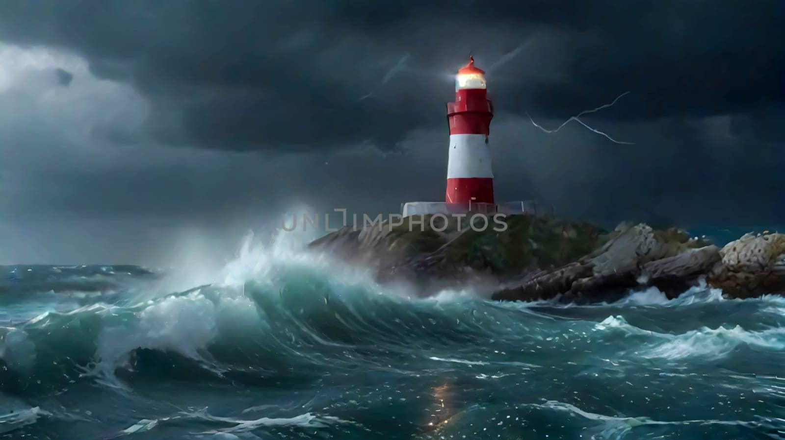 Lighthouse on the rocks by the raging waves. Lighthouse on sea rock. Sea rock lighthouse. Coastal lighthouse landscape by antoksena