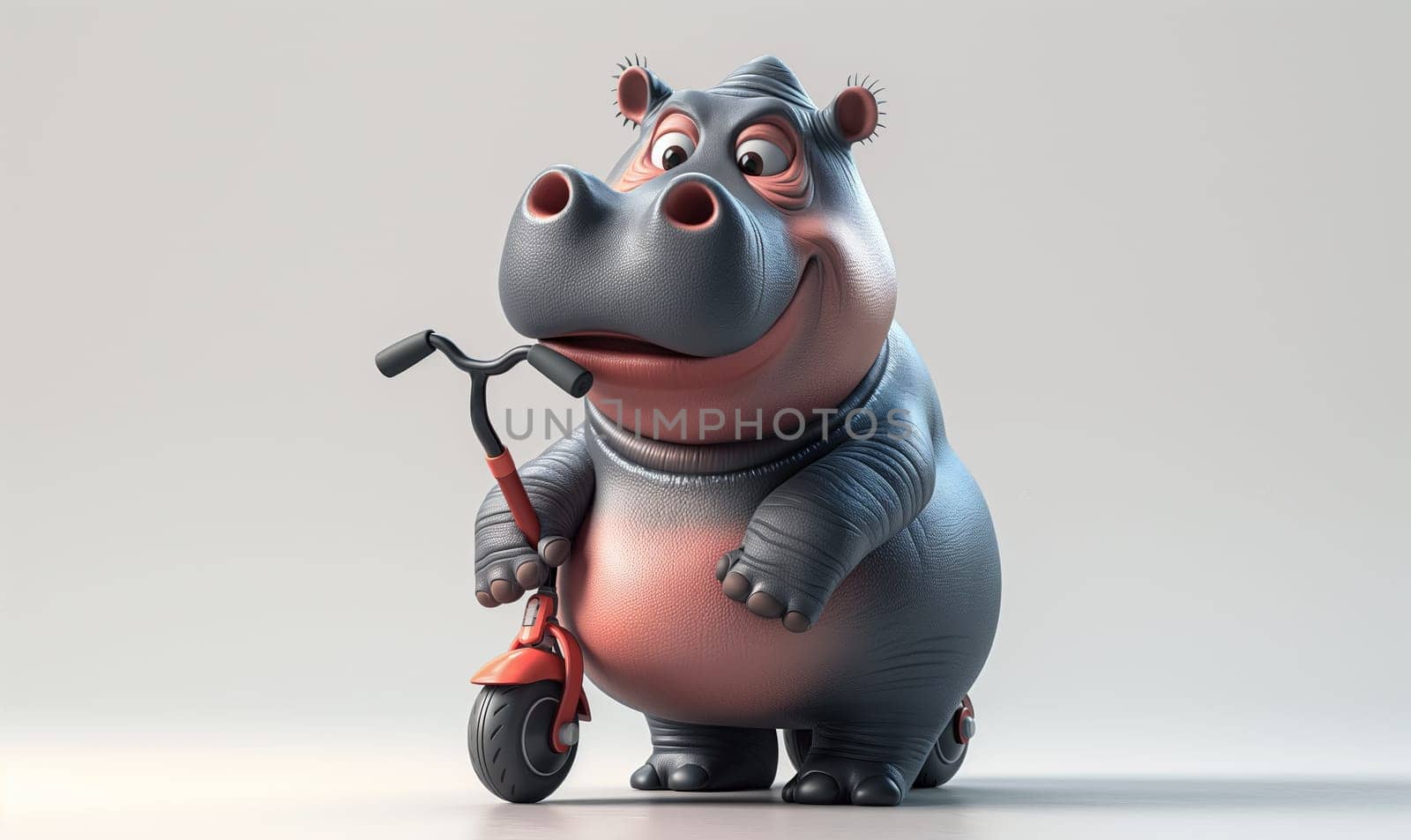 Cartoon hippopotamus on a scooter on a blurred background. Selective focus.