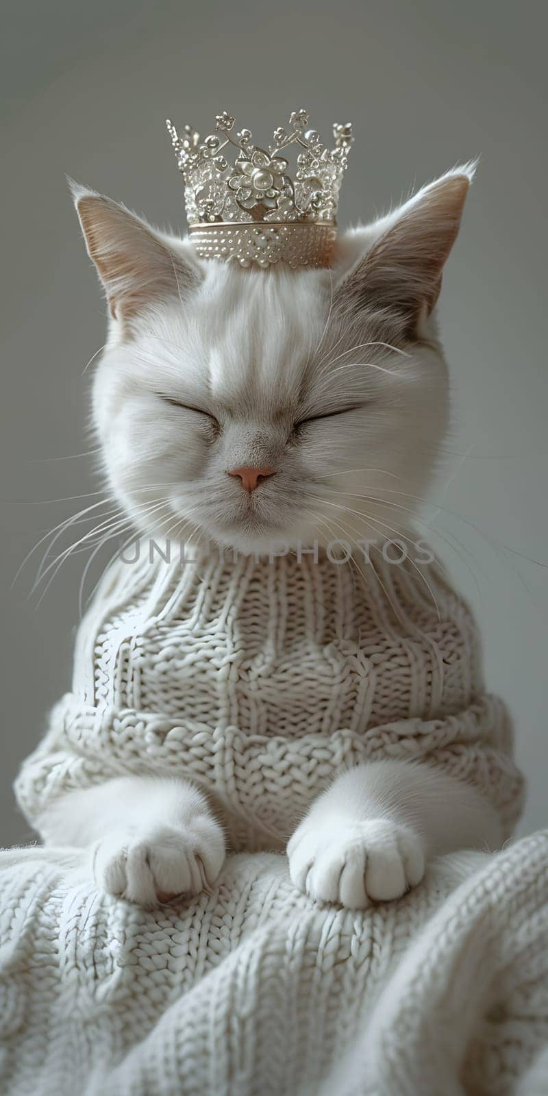 A domestic shorthaired white Felidae cat with whiskers and ears is sitting on a blanket wearing a sweater and a crown, showcasing its carnivorous nature in a cute and royal manner