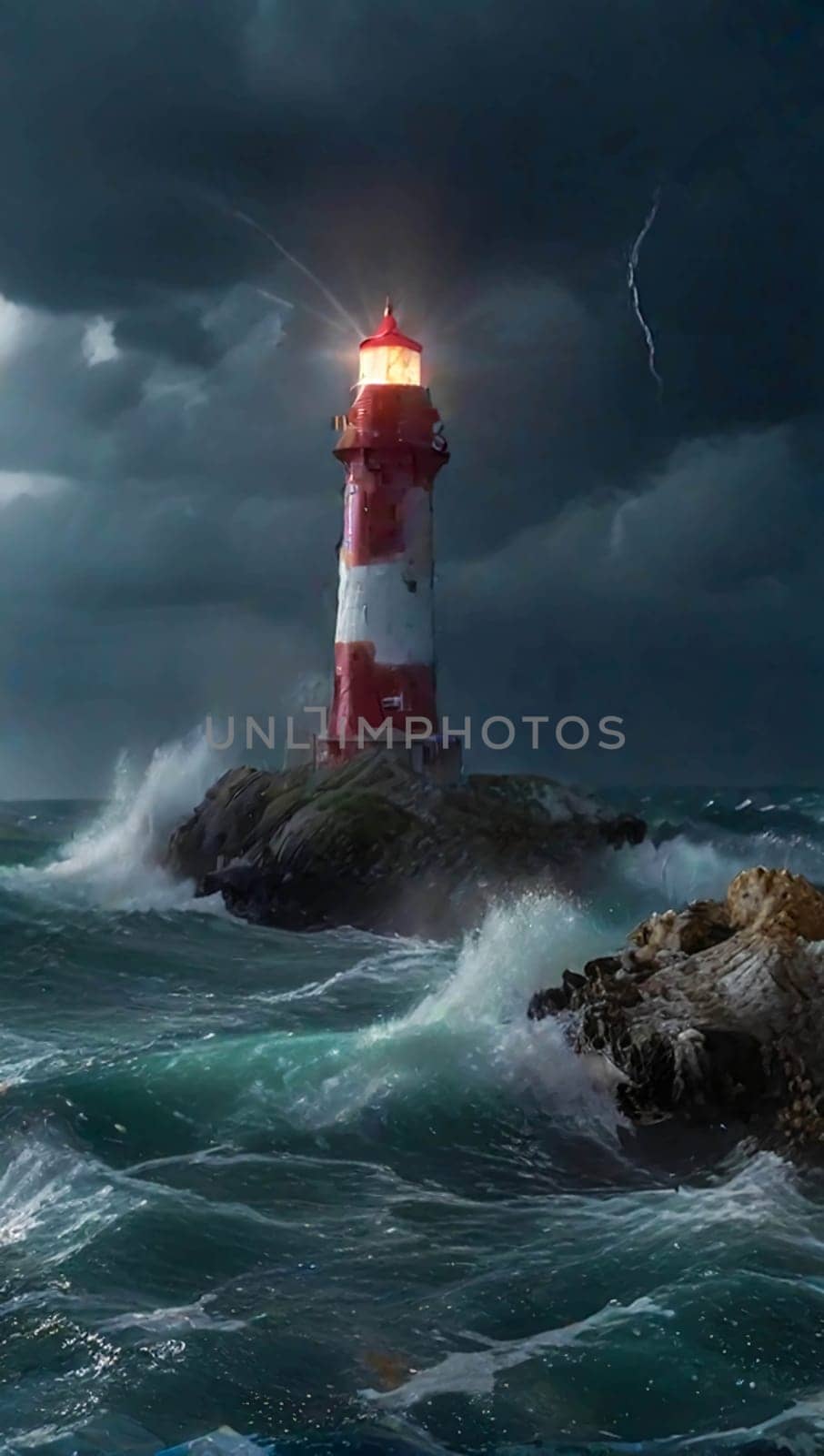 Lighthouse on the rocks by the raging waves. Lighthouse on sea rock. Sea rock lighthouse. Coastal lighthouse landscape for content creation