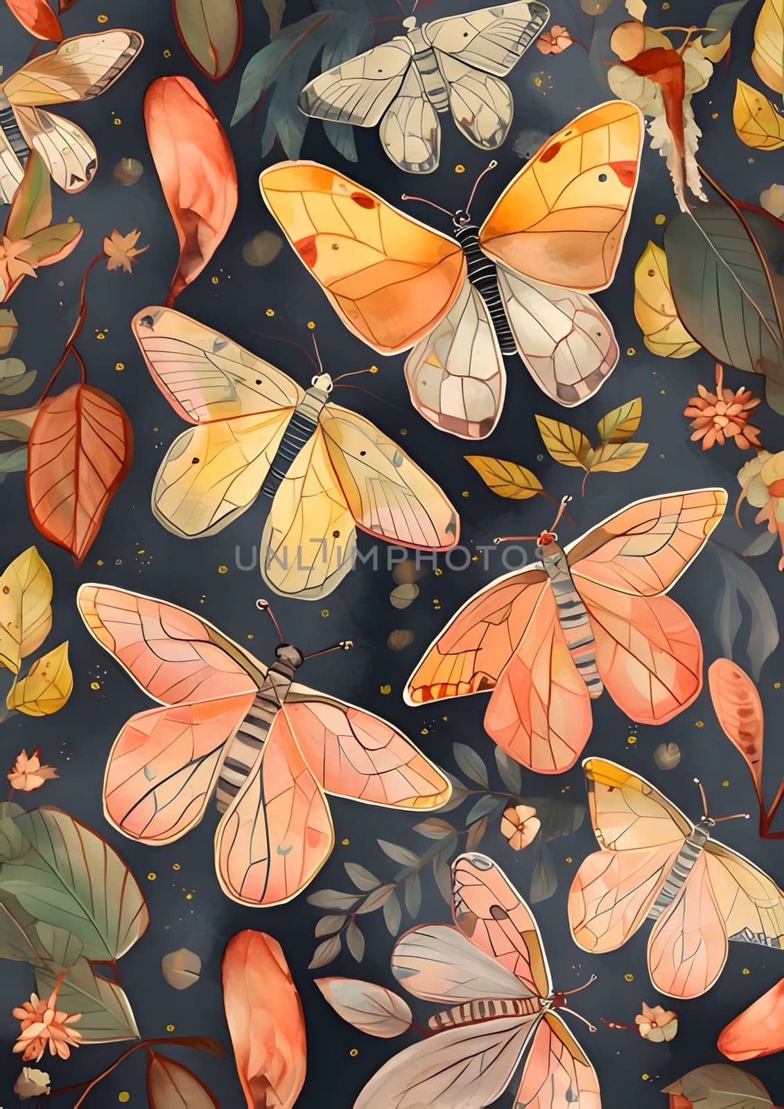 Seamless pattern with butterflies and leaves. Watercolor illustration. by ThemesS