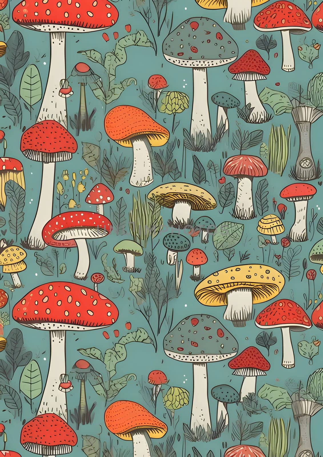 Seamless pattern with fly agaric, mushrooms and forest plants. by ThemesS