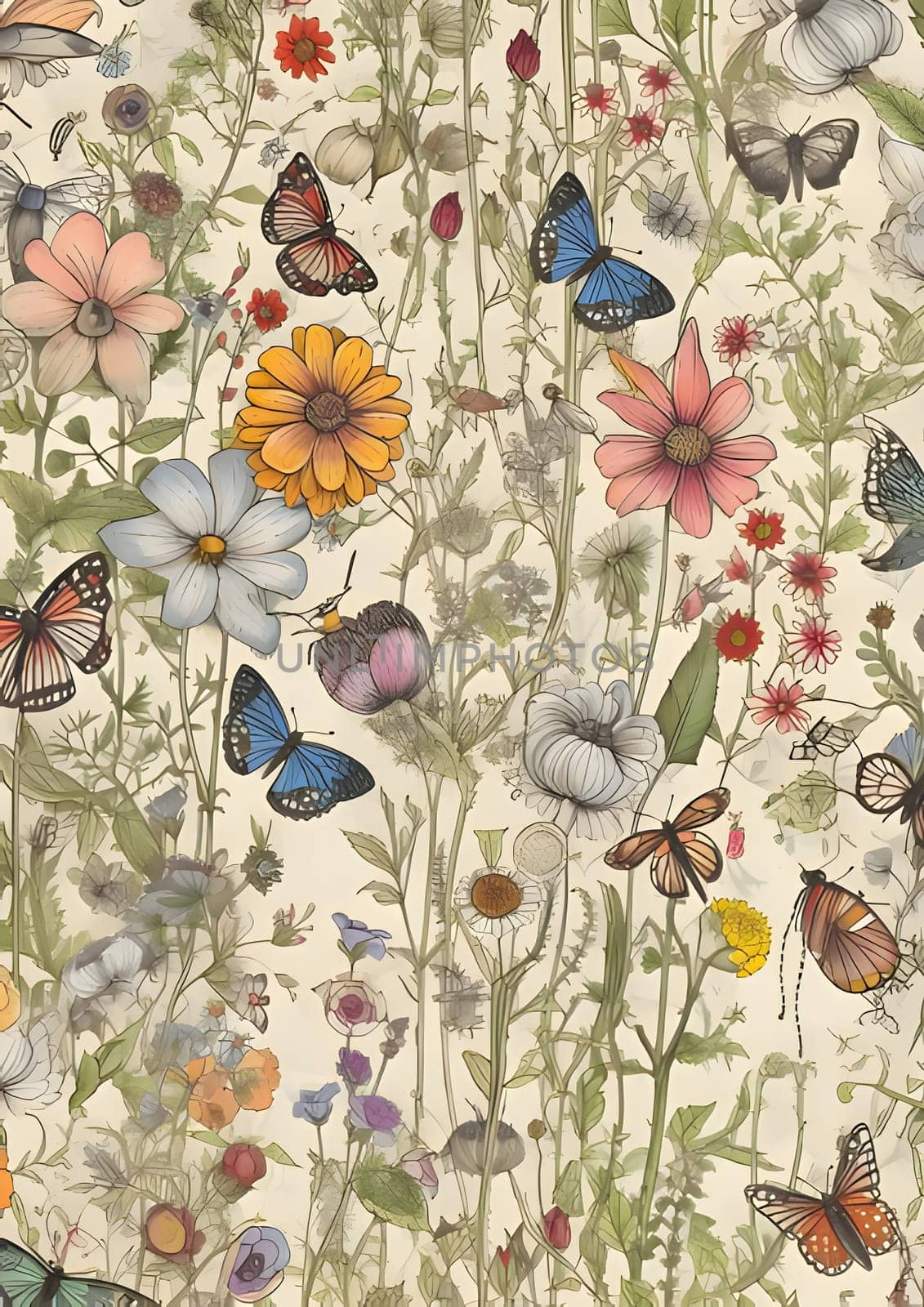 Patterns and banners backgrounds: Seamless pattern with wild flowers and butterflies. Hand-drawn illustration.