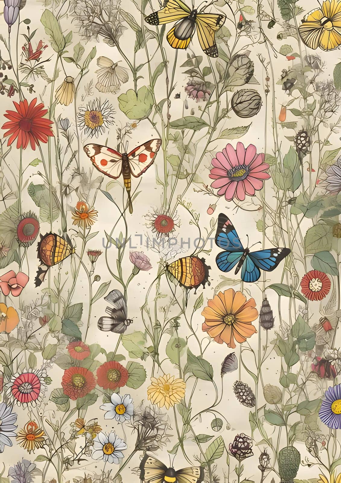 Patterns and banners backgrounds: Seamless pattern with wildflowers and butterflies. Hand drawn vector illustration.