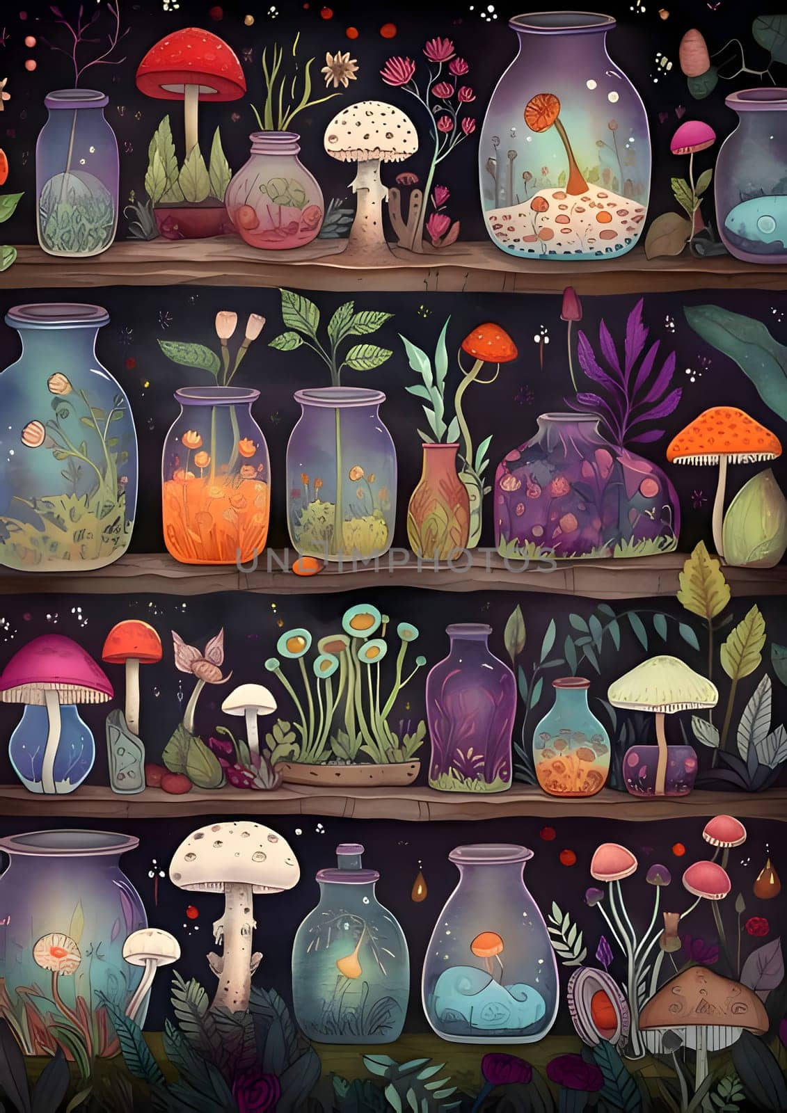 Patterns and banners backgrounds: Aquariums with mushrooms and plants. Illustration for your design