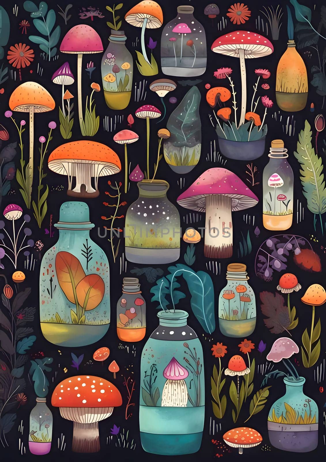 Patterns and banners backgrounds: Seamless pattern with magic mushrooms and bottles. Vector illustration.