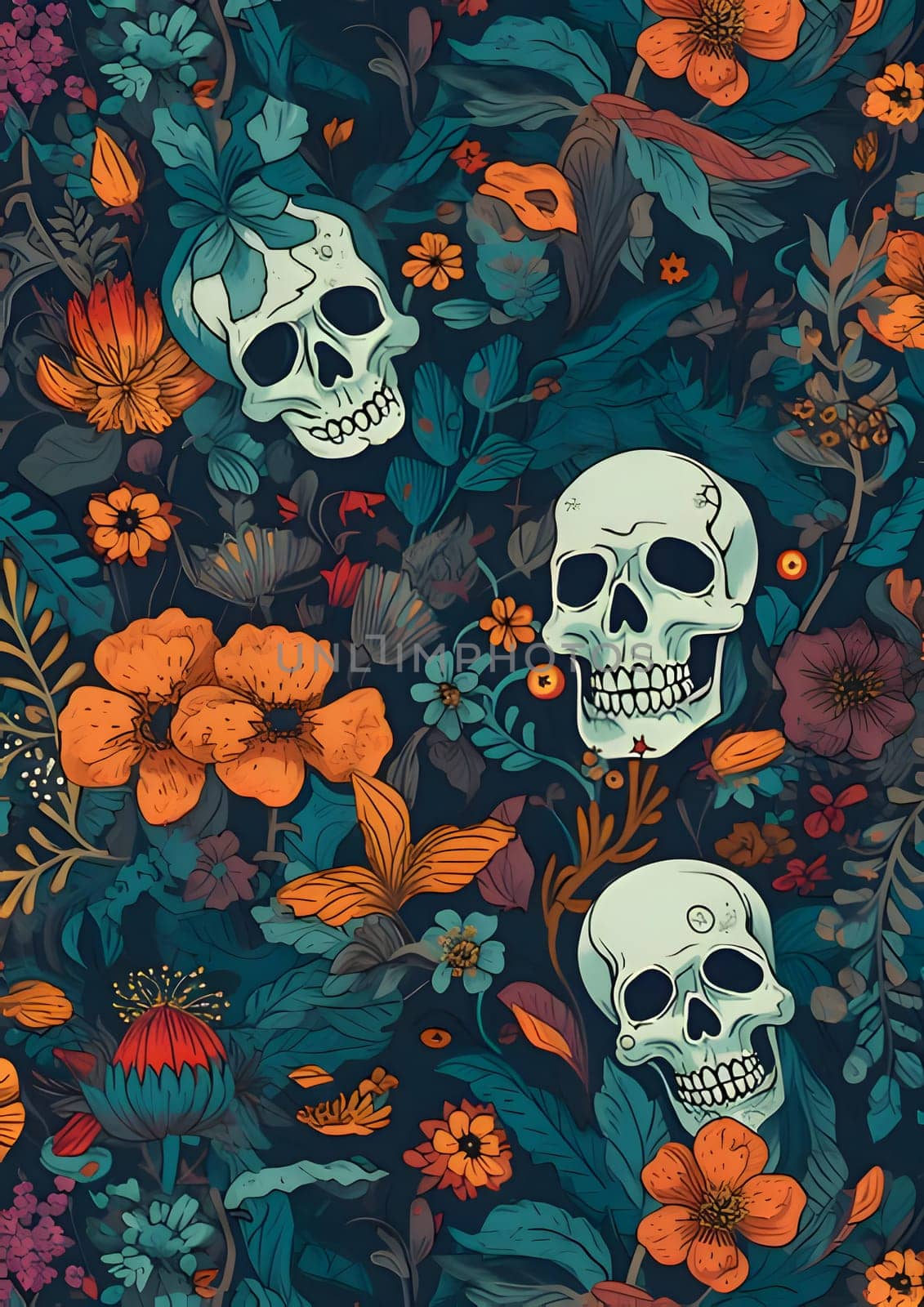 Seamless pattern with skulls, flowers and leaves. Vector illustration. by ThemesS