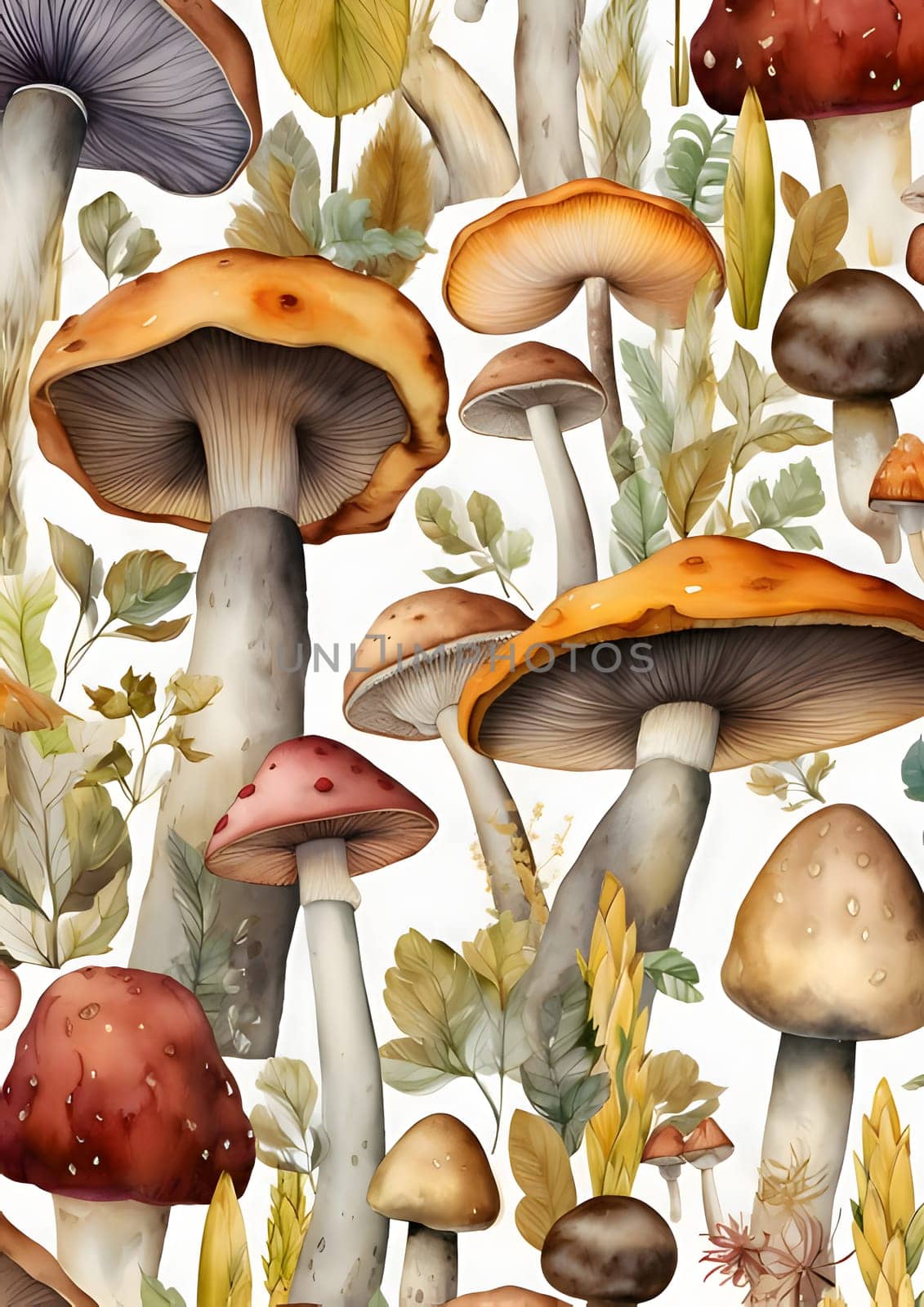 Seamless pattern with mushrooms. Watercolor hand drawn illustration. by ThemesS