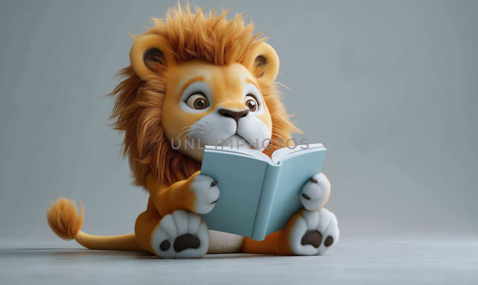3D illustration of a lion reading a book. Selective soft focus.