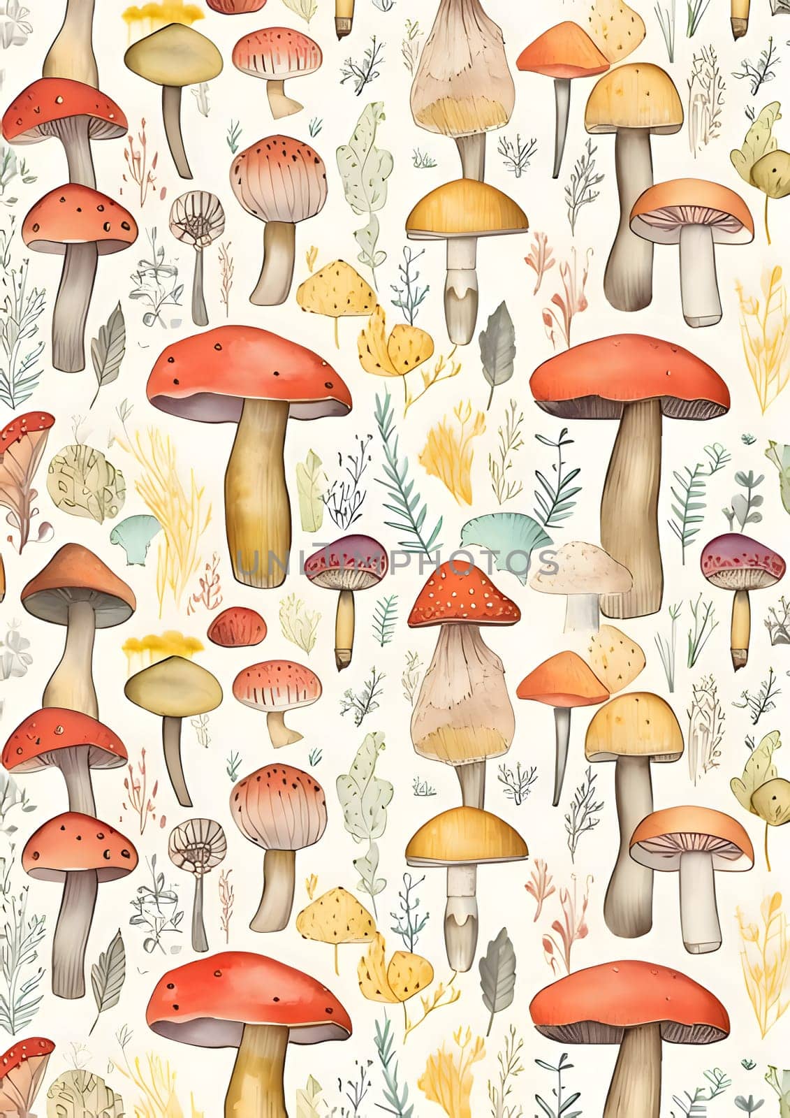 Patterns and banners backgrounds: Seamless pattern with mushrooms and plants. Watercolor illustration.