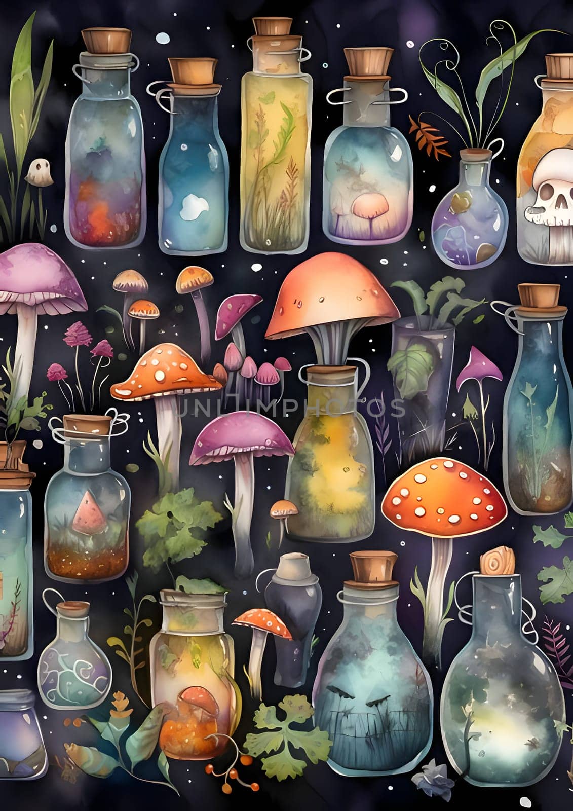 Patterns and banners backgrounds: Seamless pattern with magic potion bottles, mushrooms and plants.