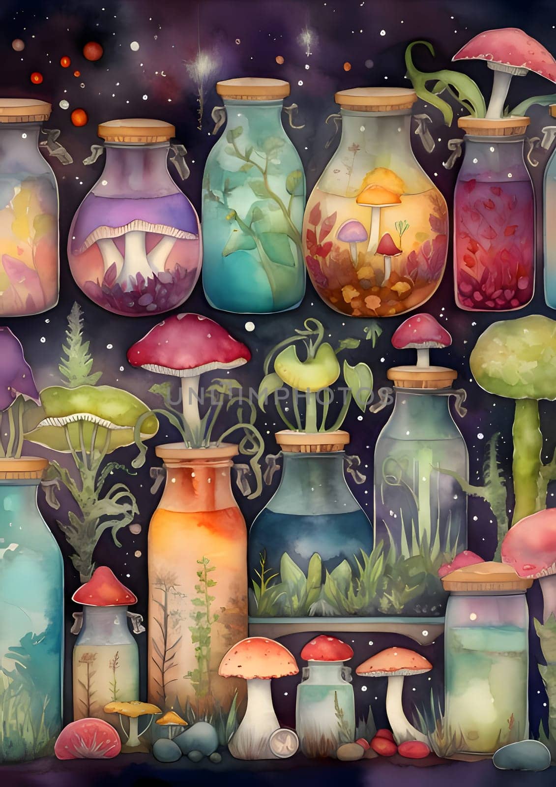 Patterns and banners backgrounds: Seamless background with magic potion bottles and mushrooms. Hand drawn illustration.