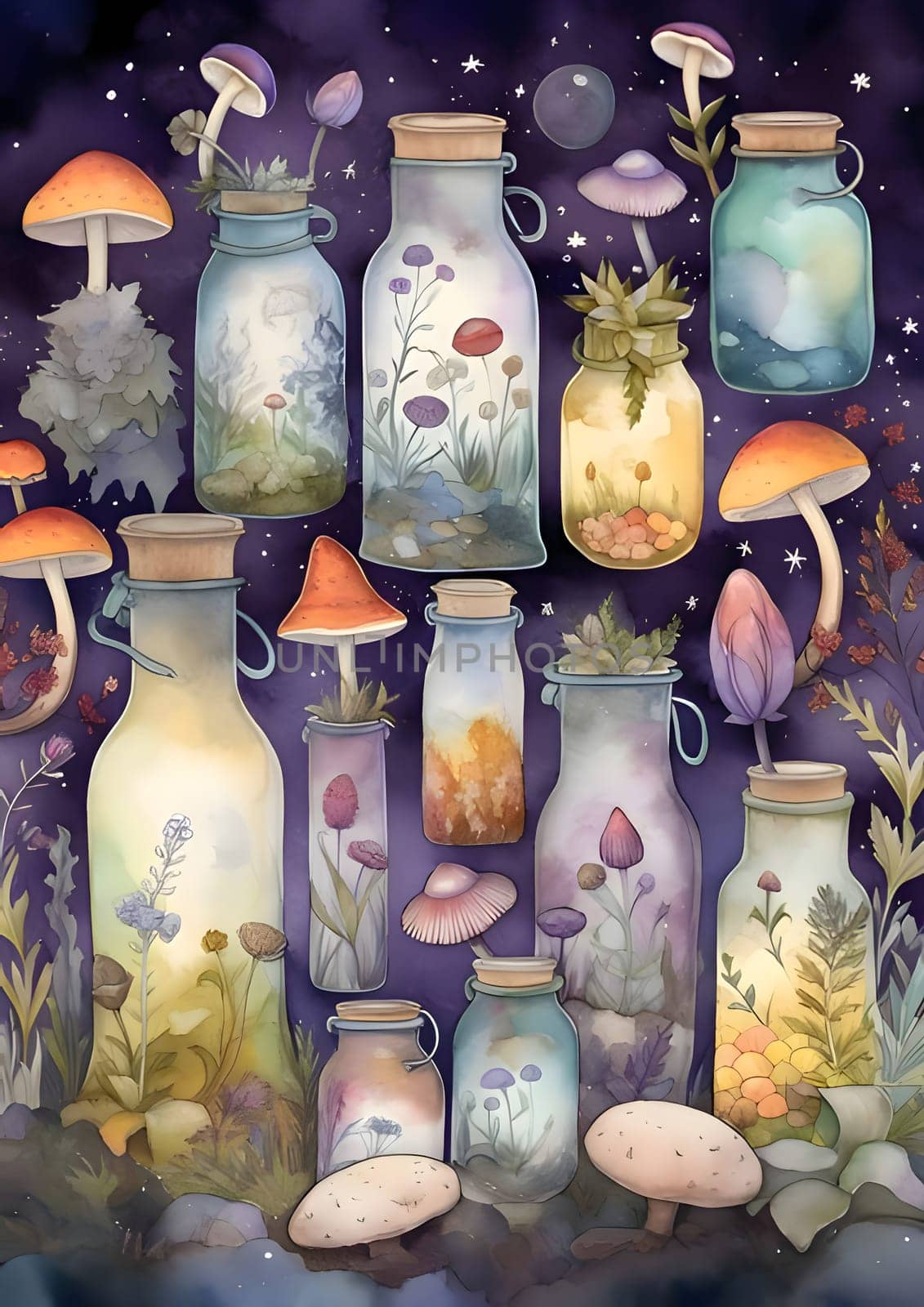 Seamless pattern with magic mushrooms in glass bottles. Watercolor illustration. by ThemesS