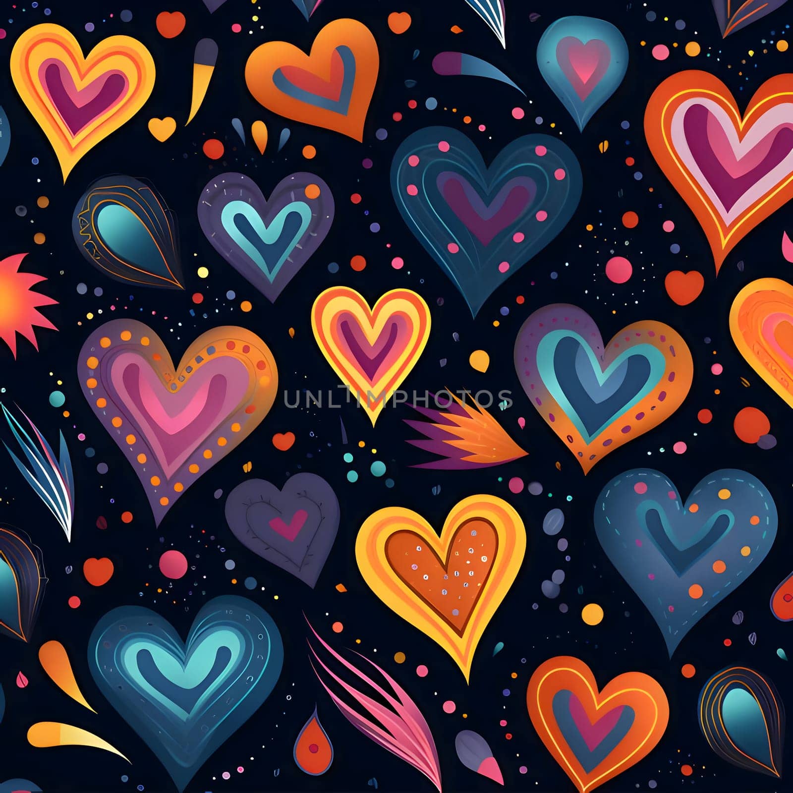 Patterns and banners backgrounds: Seamless pattern with colorful hearts on dark background. Vector illustration.