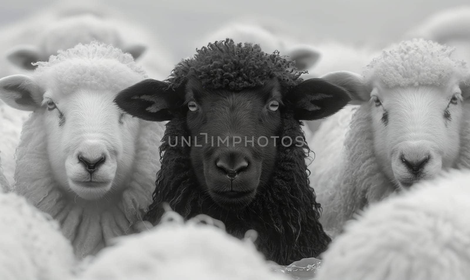 A black sheep among white sheep in a herd. Selective focus.