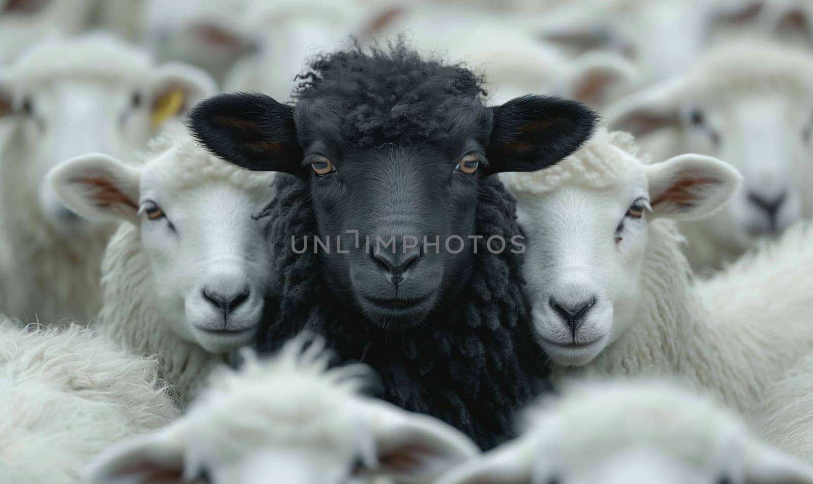 A black sheep among white sheep in a herd. Selective focus.